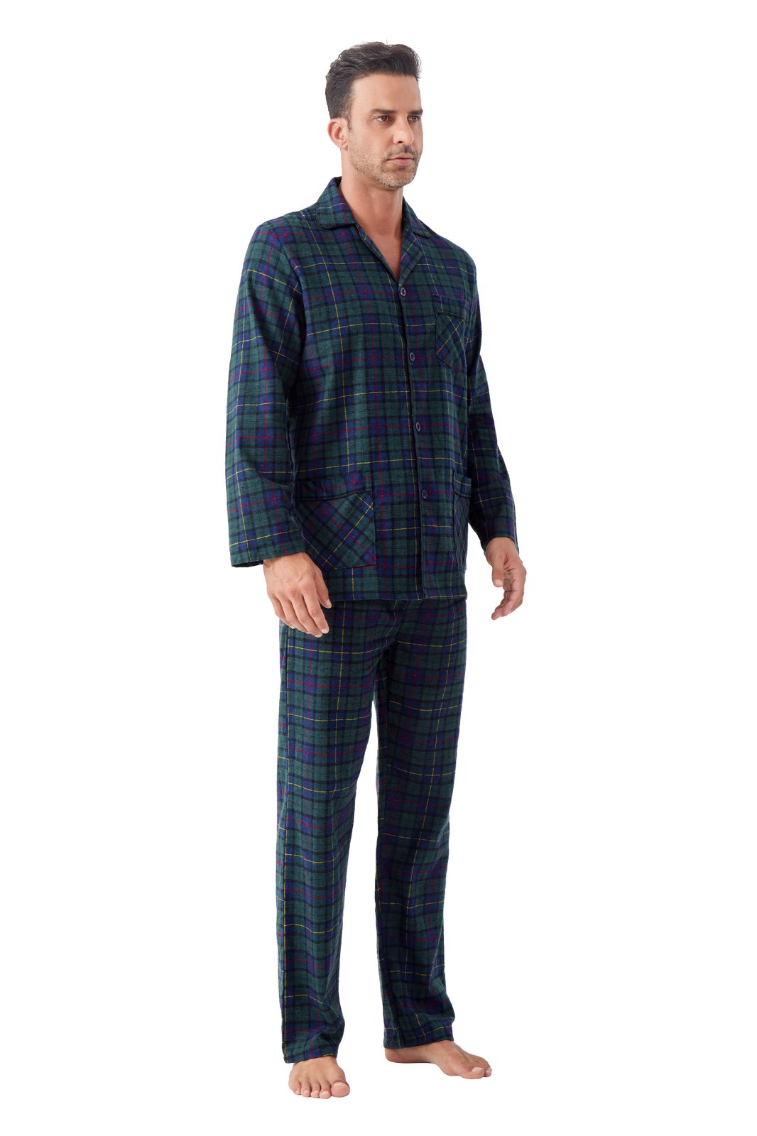 GLOBAL Men's Cotton Flannel Pajama Set, Long Sleeve Button‑Down Top & Long Pants Sleepwear, Soft Warm Loungewear, S-3XL
