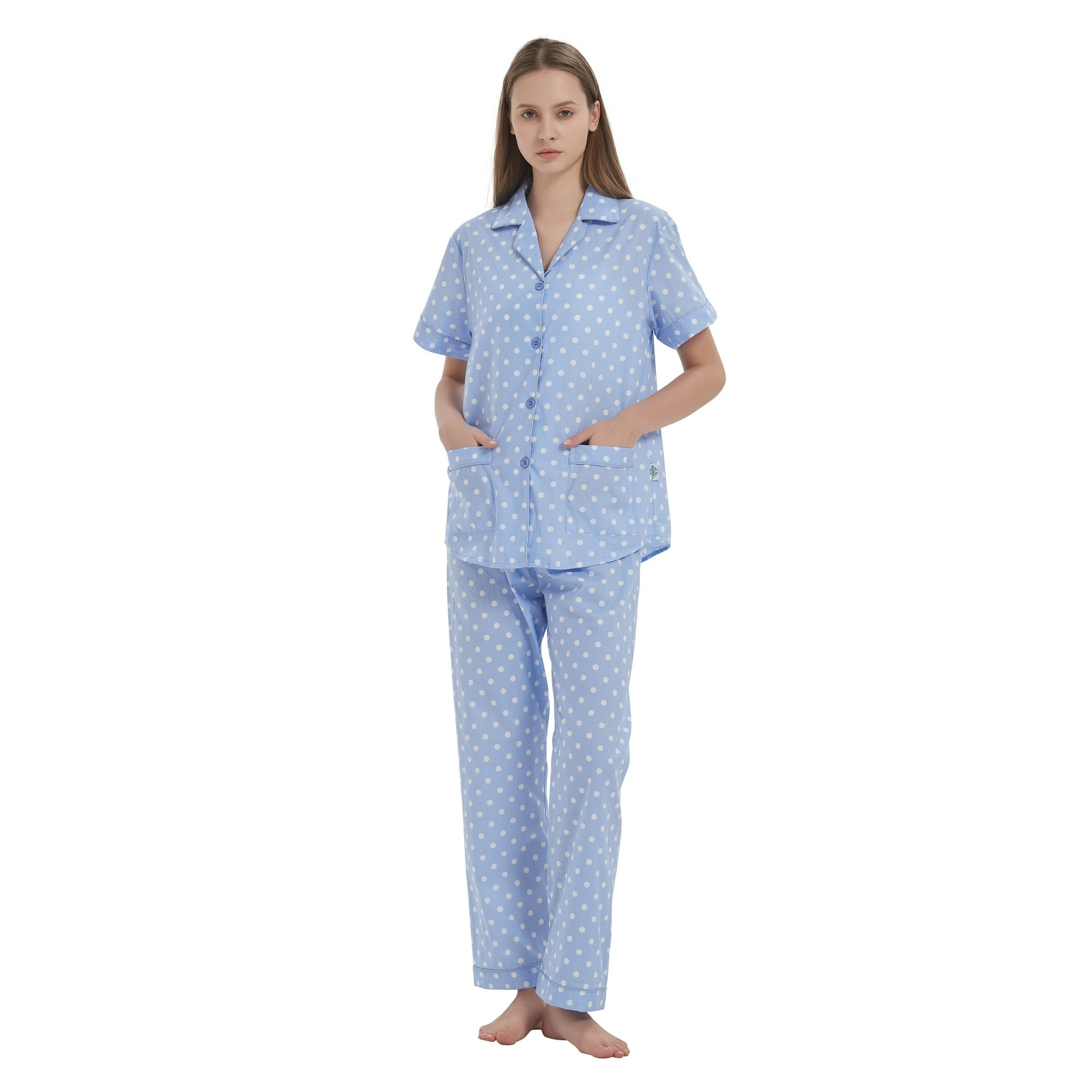 GLOBAL Women 100% Cotton Button Down Short Sleeve Top & Long Pants Summer Pajama Set with Pockets, 2-Piece, Sizes S to 3XL