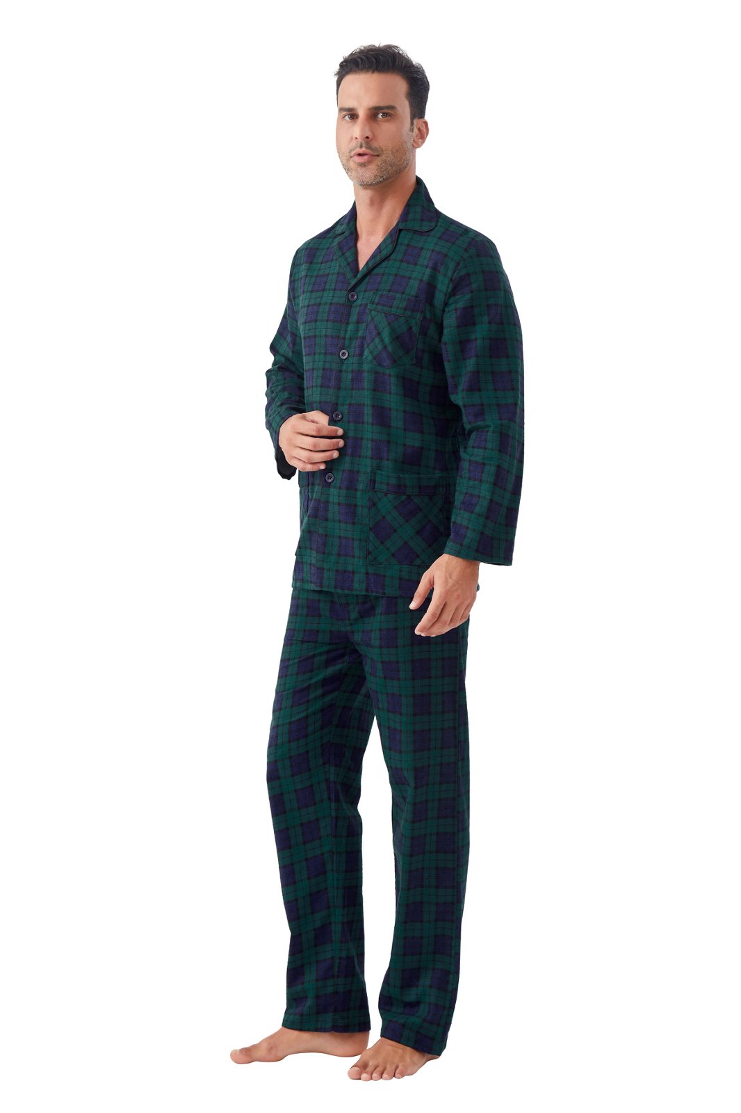 GLOBAL Men's Cotton Flannel Pajama Set, Long Sleeve Button‑Down Top & Long Pants Sleepwear, Soft Warm Loungewear, S-3XL