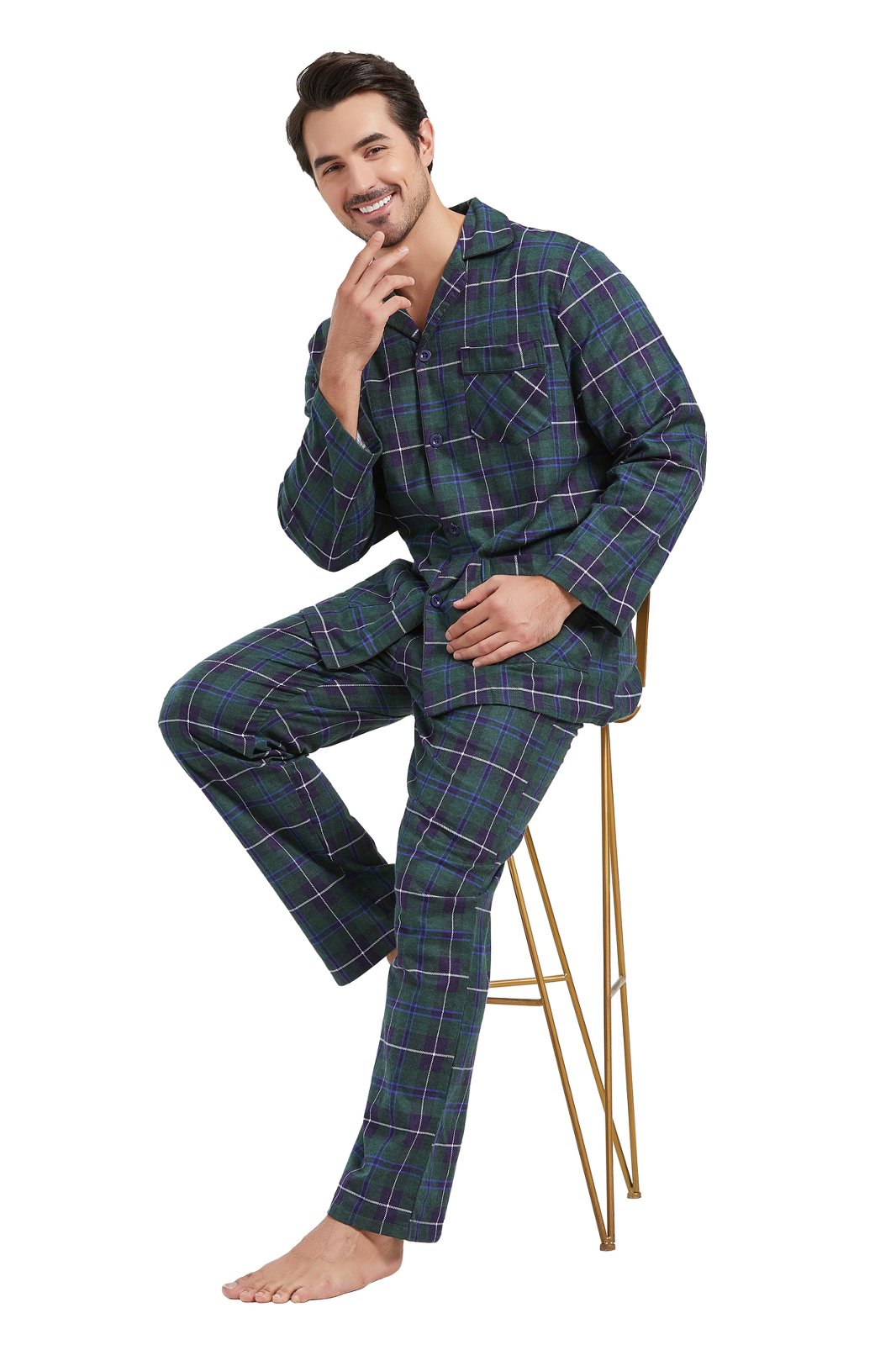 Amaxer Mens Cotton Flannel Pajama Set, Long Sleeve Button‑Down Top & Elastic Waist Long Pants, Breathable Sleep Loungewear, Size S