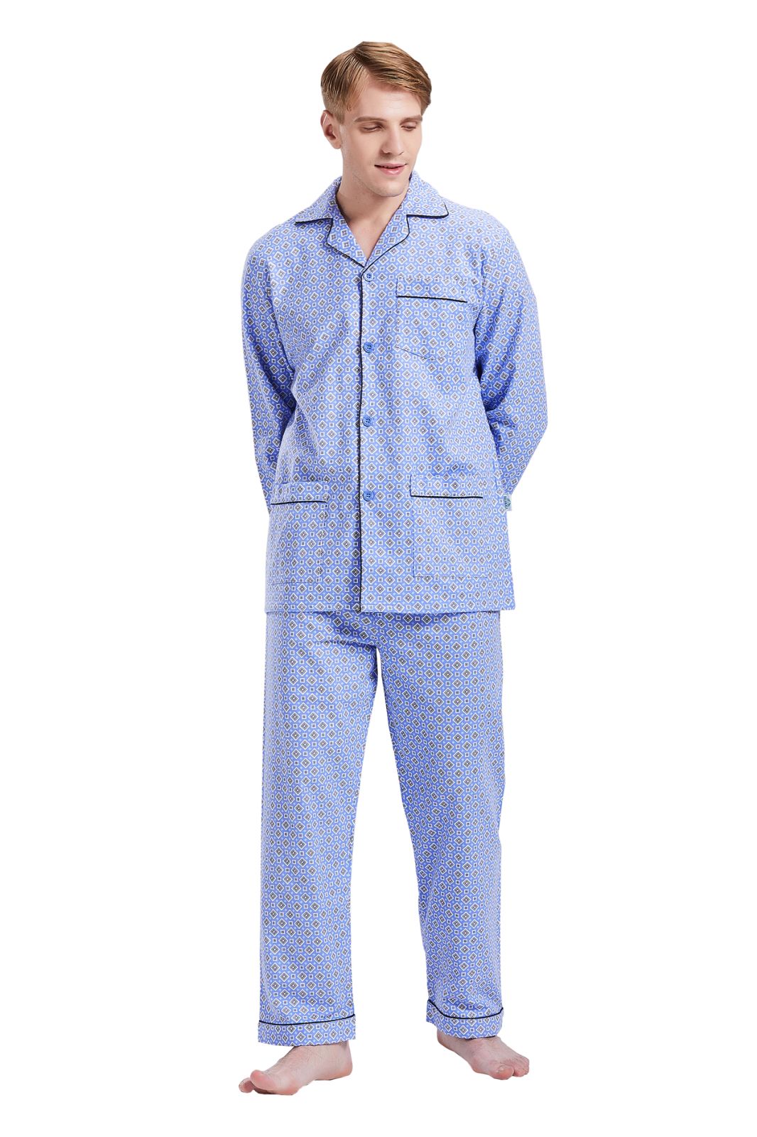 GLOBAL Men's Pajamas Sets 100% Cotton Flannel Sleepwear Long-Sleeve Top & Bottom