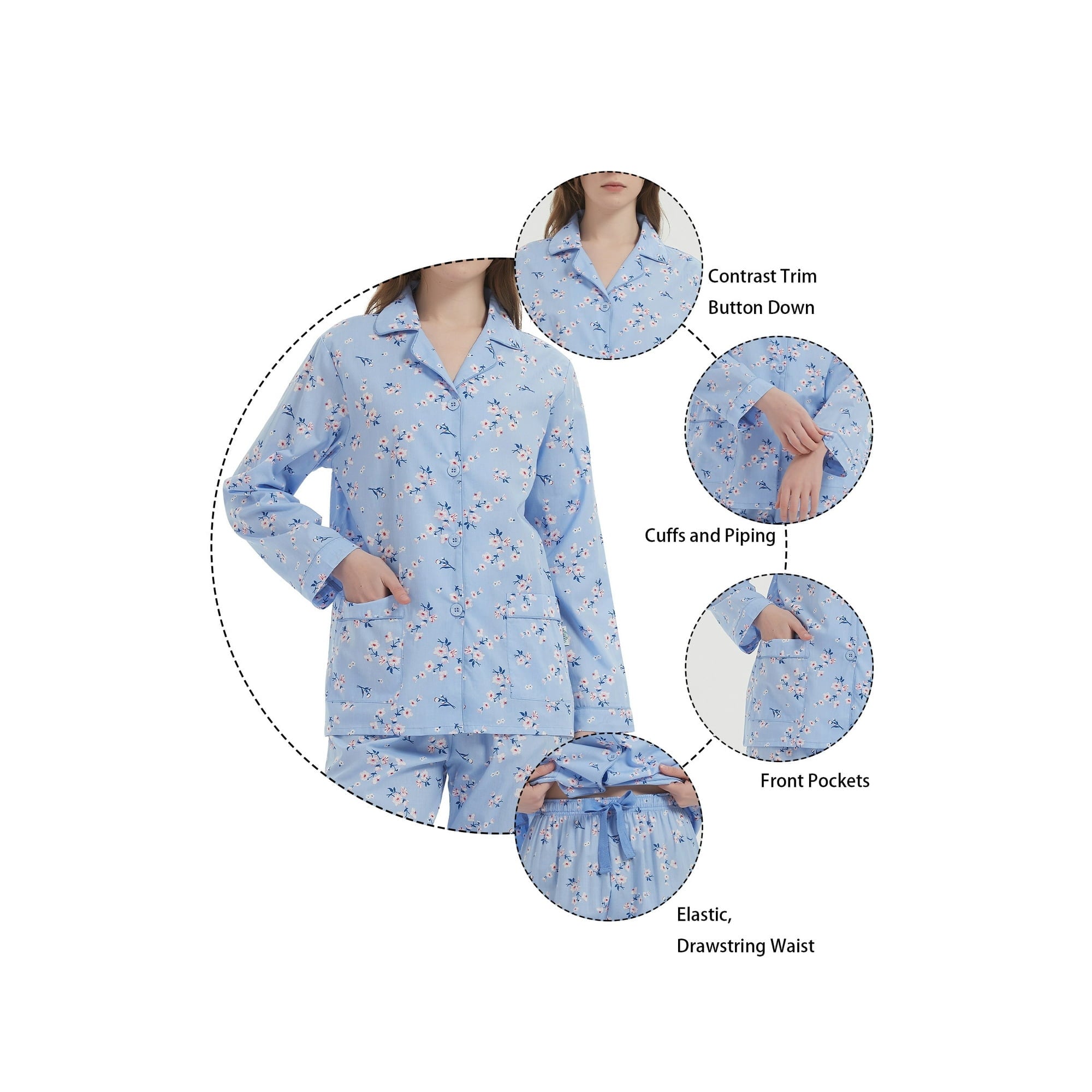 GLOBAL Womens 100% Cotton Notch Collar Pajama Set Homewear with Pockets, Spring & Summer, 2-Piece, Sizes S to 3X