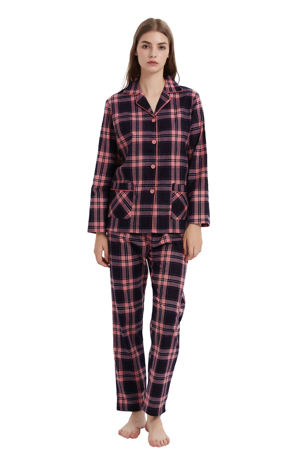 GLOBAL Womens Flannel Cotton Pajama Set Long PJs Flannel Loungewear Sleepwear,Size S-3XL