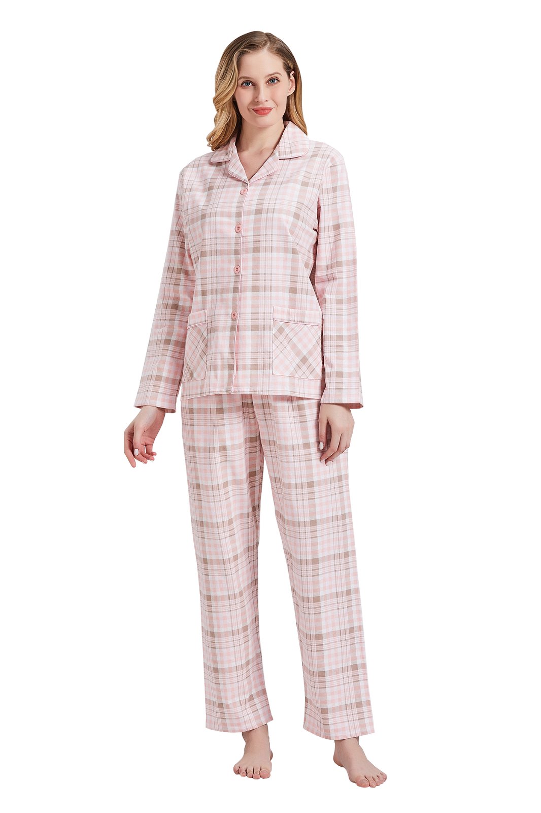Amaxer Womens 100% Cotton Cozy Flannel Pajama Set - Long Sleeve Button-Up Top with Elastic Waist Pants, Warm & Soft Sleepwear