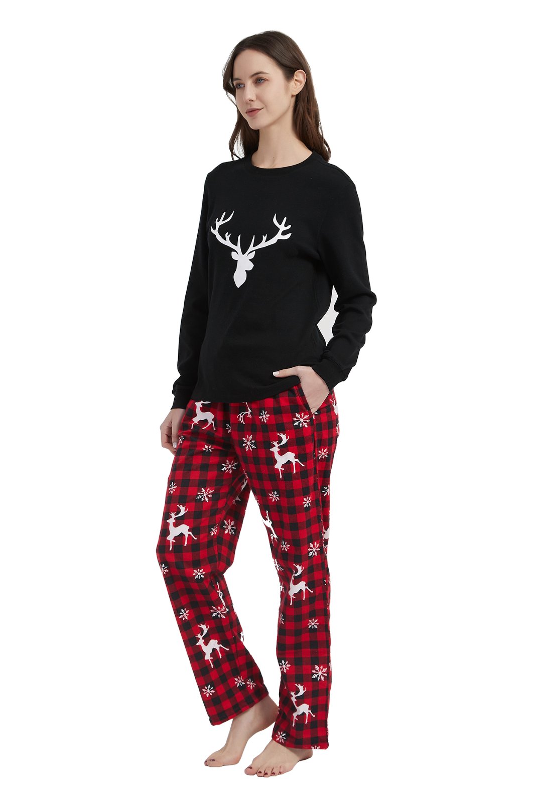 GLOBAL Women's Cotton Knit Top Flannel Pants Sleepwear Matching Pajamas for Couple Pjs for Family, Size S-3XL