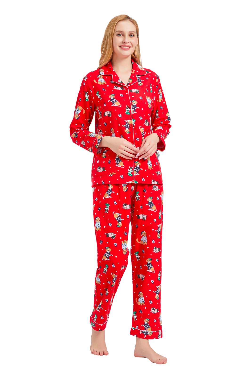 GLOBAL Womens Flannel Cotton Pajama Set Long PJs Cozy Winter Flannel Loungewear Sleepwear,Size S-3XL