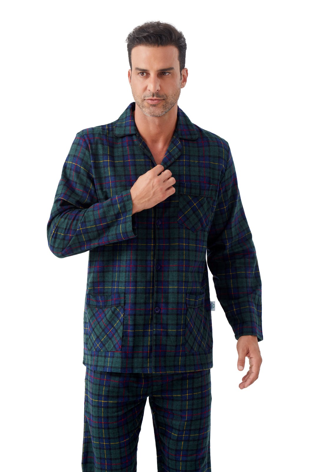GLOBAL Men's Cotton Flannel Pajama Set, Long Sleeve Button‑Down Top & Long Pants Sleepwear, Soft Warm Loungewear, S-3XL