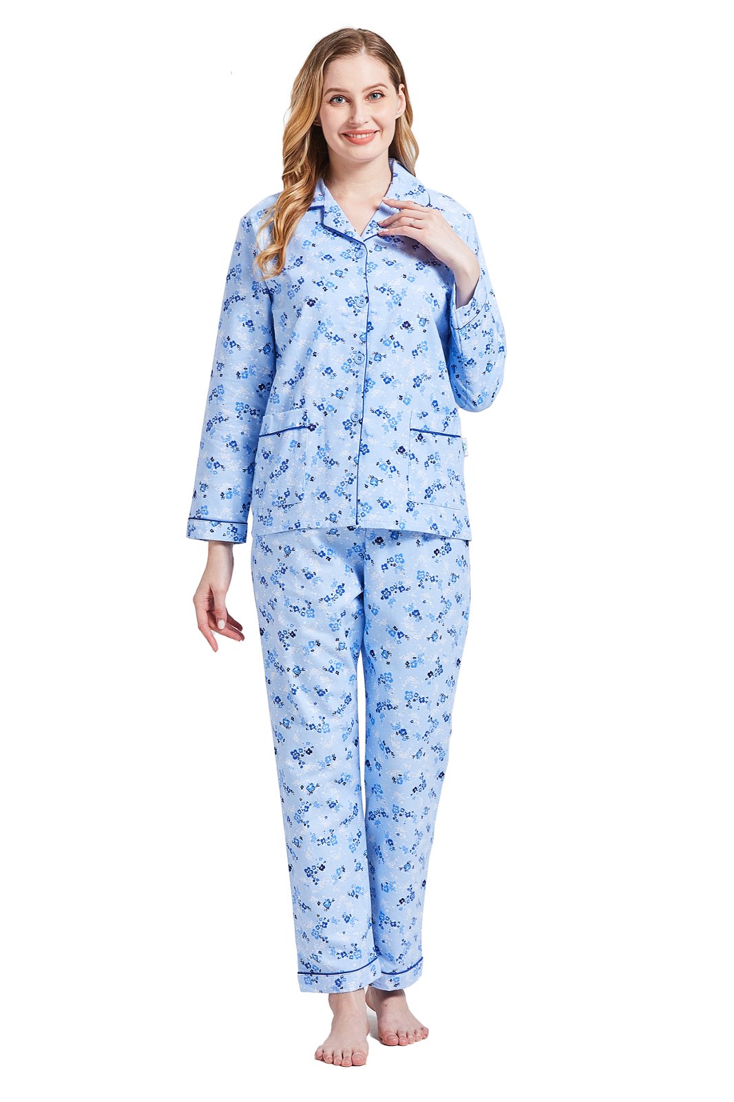 GLOBAL Womens Cotton Flannel Pajama Set - Cozy Winter 2-Piece Loungewear with Button-Down Top & Pants