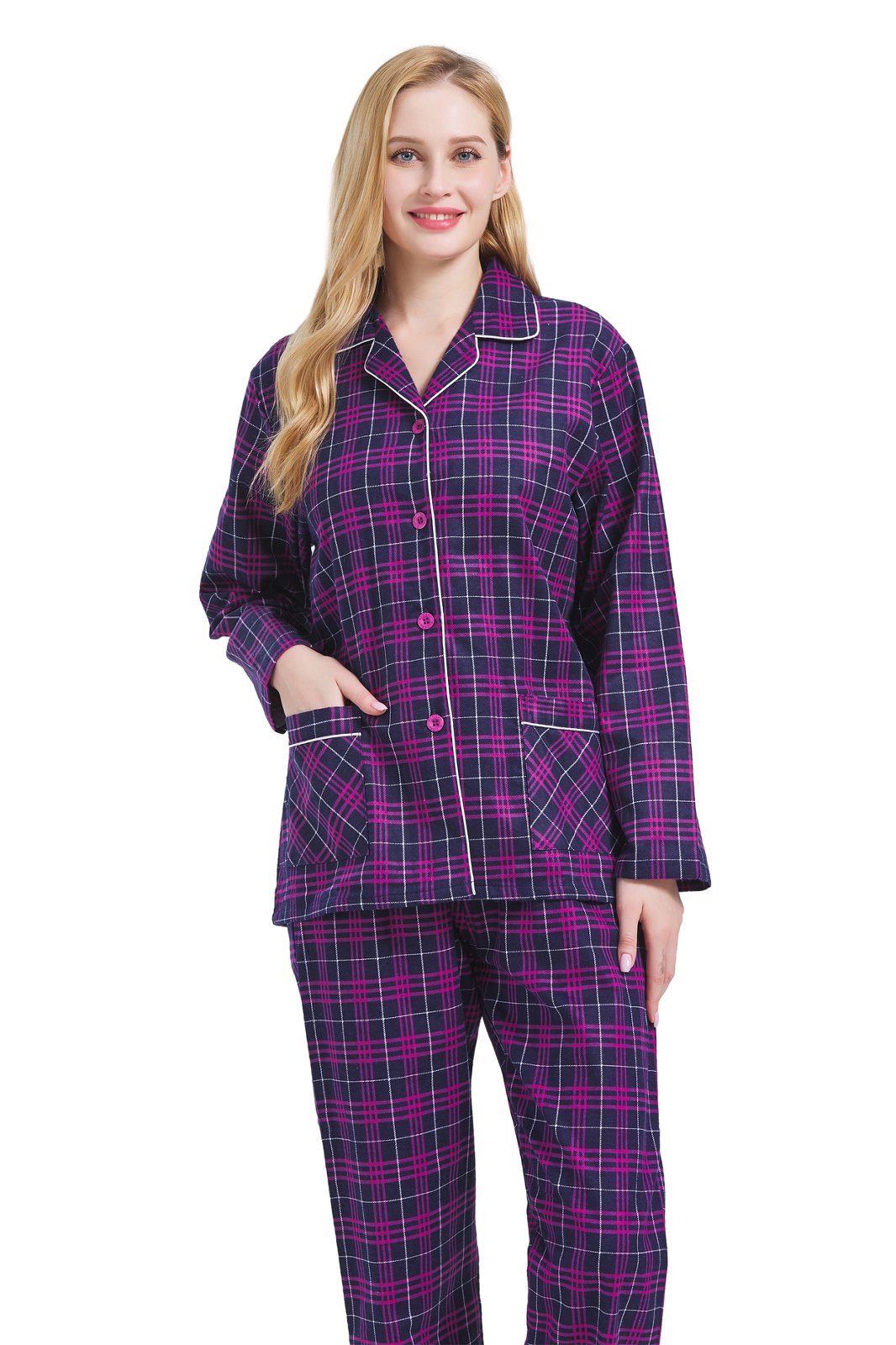 GLOBAL Womens Cotton Flannel Pajama Set - Cozy Winter 2-Piece Loungewear with Button-Down Top & Pants, Size S-3XL