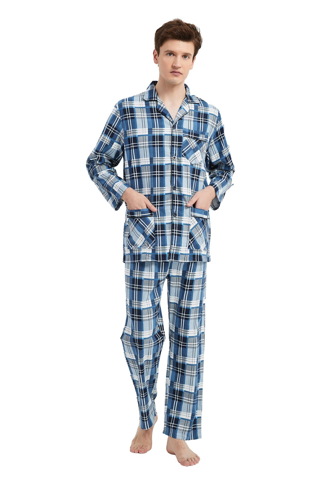 GLOBAL Men's Long Sleeve Flannel Pajamas Sets 100% Cotton Sleepwear Top and Bottom