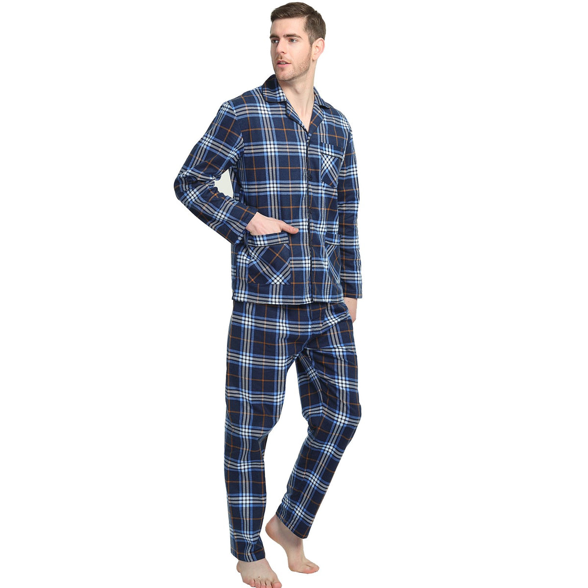 GLOBAL Men's Long Sleeve Flannel Pajamas Sets 100% Cotton Sleepwear Top and Bottom
