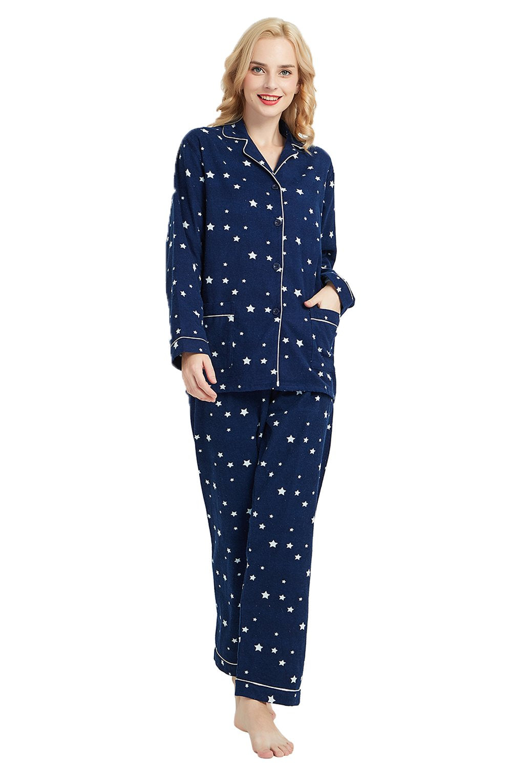 GLOBAL Womens Flannel Cotton Pajama Set Long PJs Flannel Loungewear Sleepwear