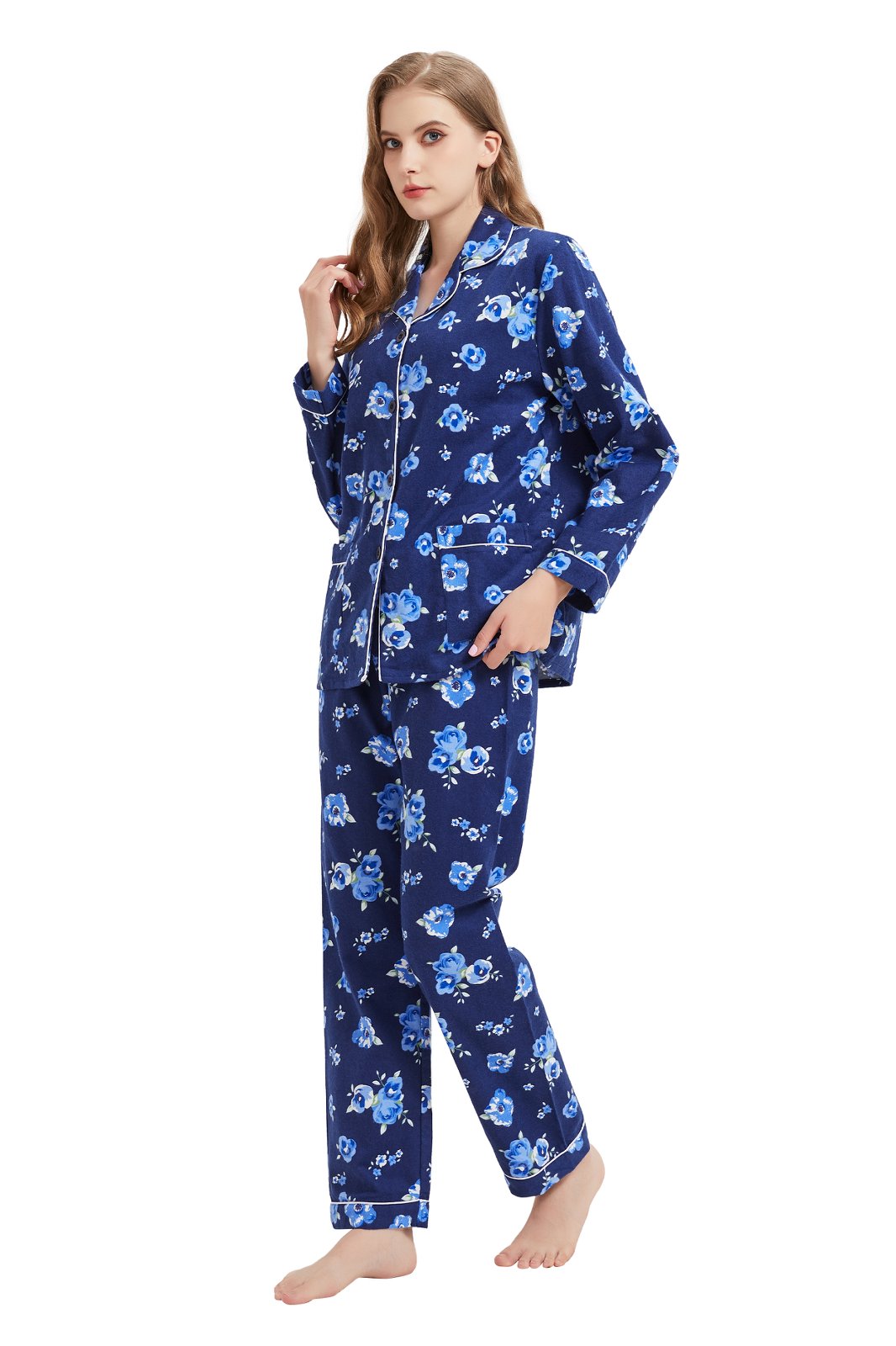 GLOBAL Womens Flannel Cotton Pajama Set Long PJs Flannel Loungewear Sleepwear,Size S-3XL