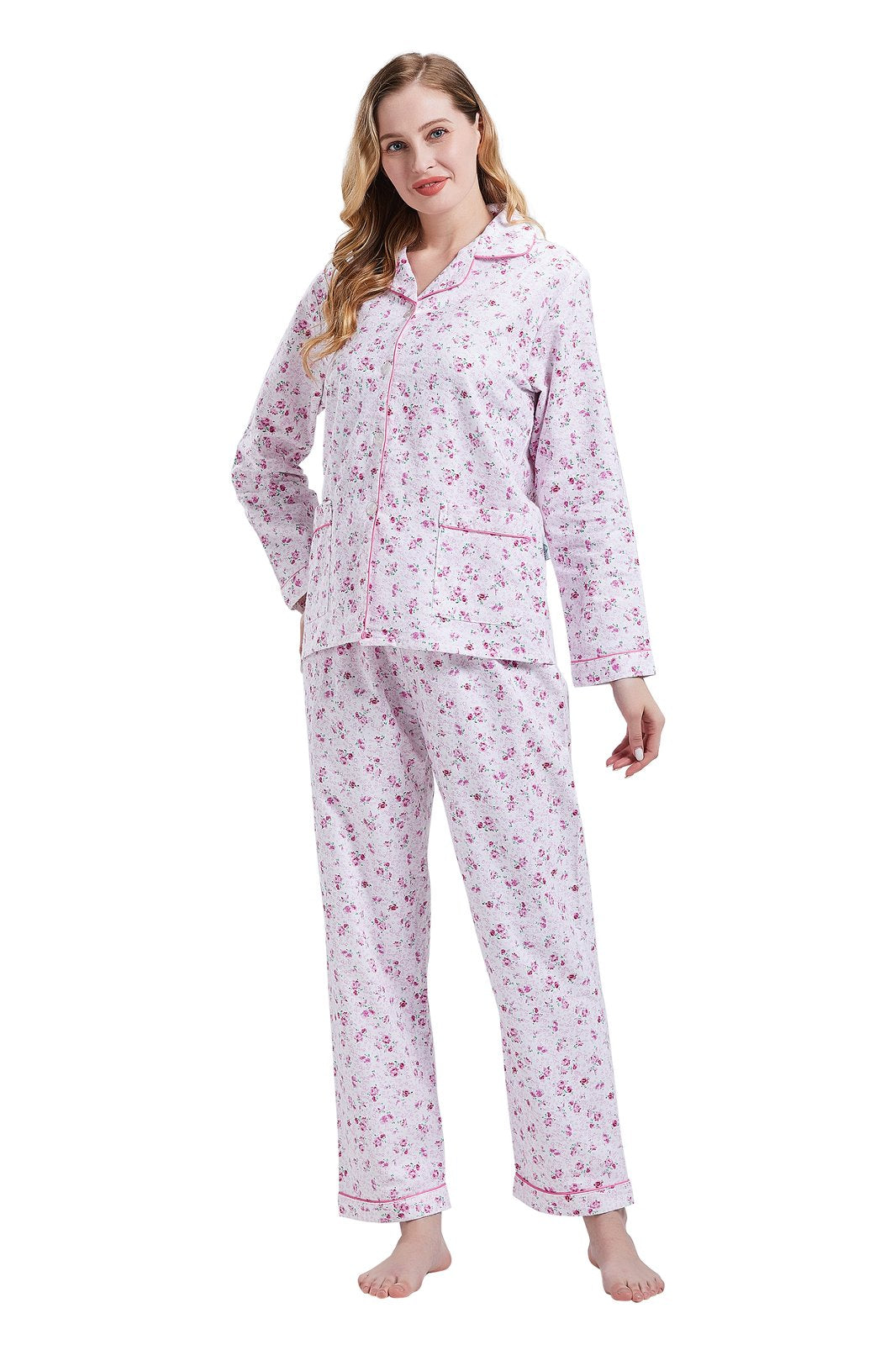 GLOBAL Womens Cotton Flannel Pajama Set - Cozy Winter 2-Piece Loungewear with Button-Down Top & Pants, Size S-3XL
