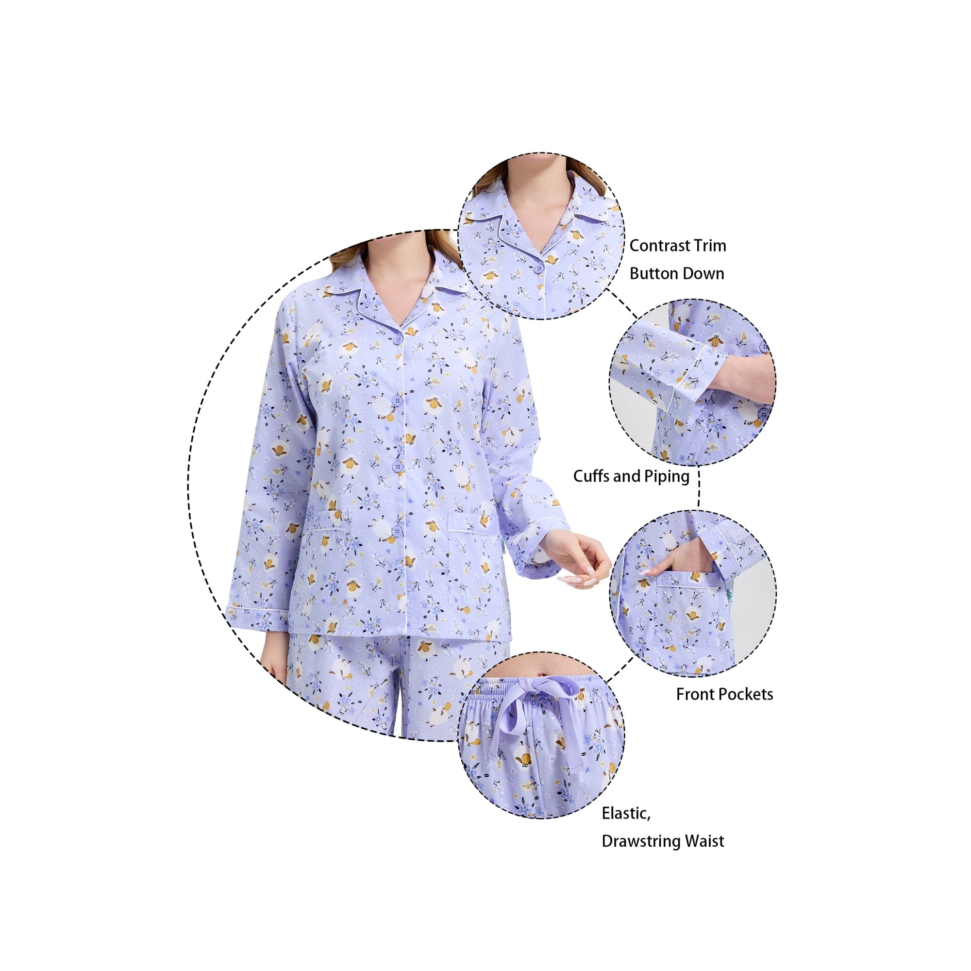 GLOBAL Womens 100% Cotton Notch Collar Pajama Set Homewear with Pockets, Spring & Summer, 2-Piece, Sizes S to 3X