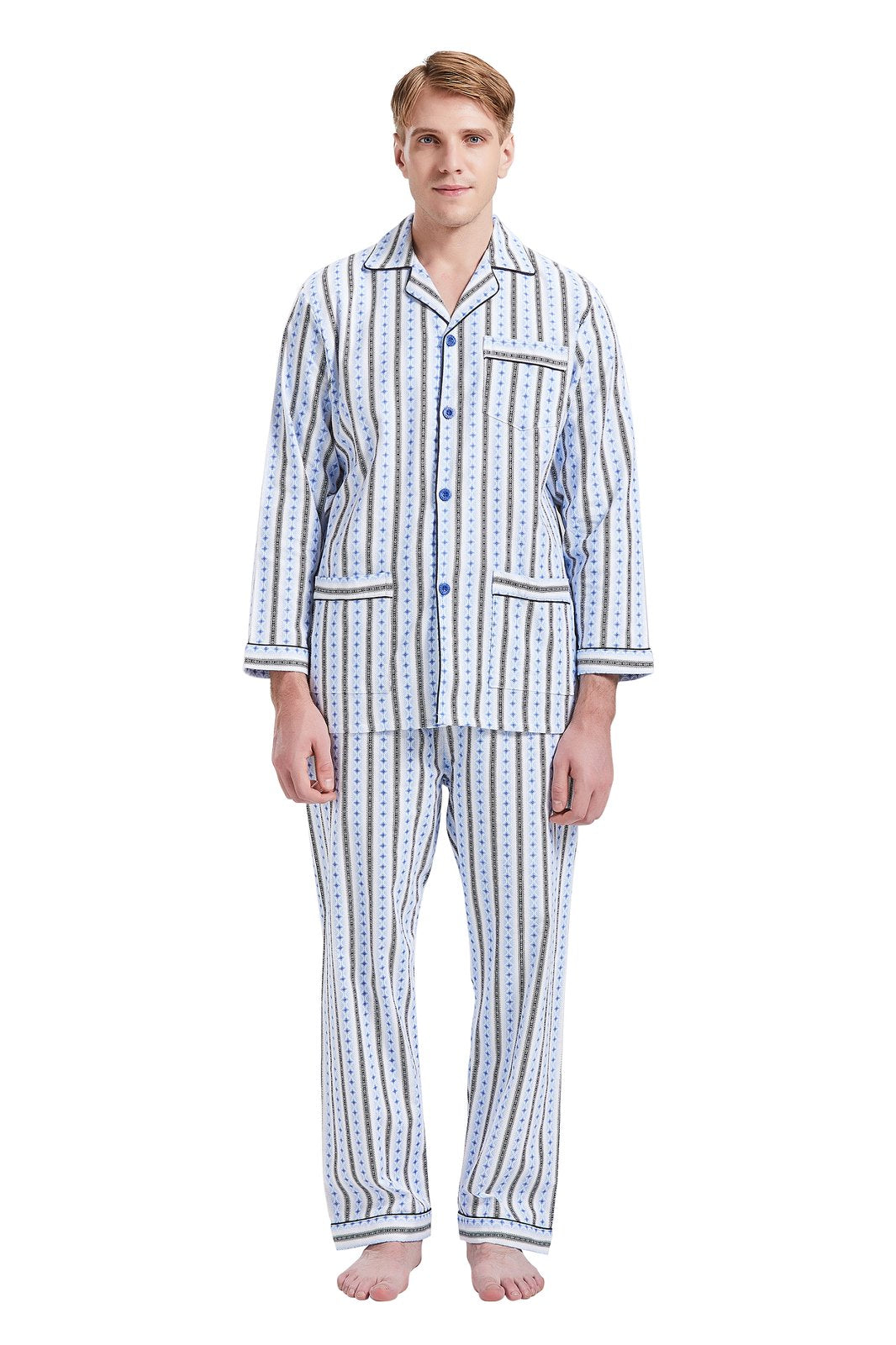 GLOBAL Men's Pajamas Sets 100% Cotton Flannel Sleepwear Long-Sleeve Top & Bottom