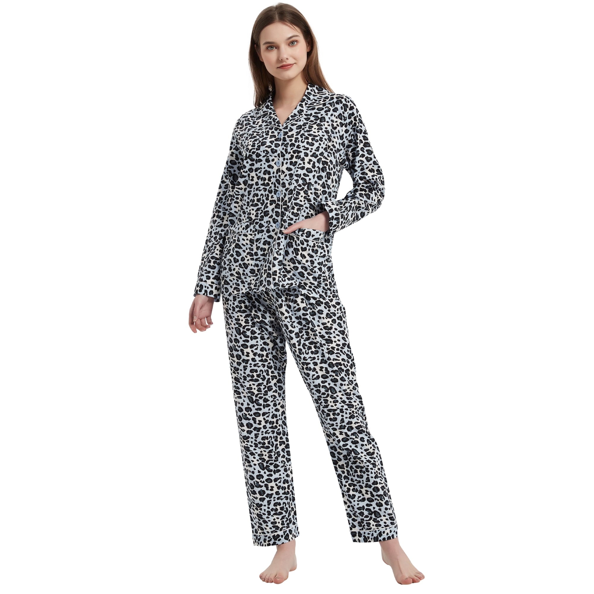 Amaxer Women's Pure Cotton Long Sleeve Notch Collar Pajama Set - Breathable Lightweight Sleepwear , Soft Loungewear for Spring and Summer & Comfort