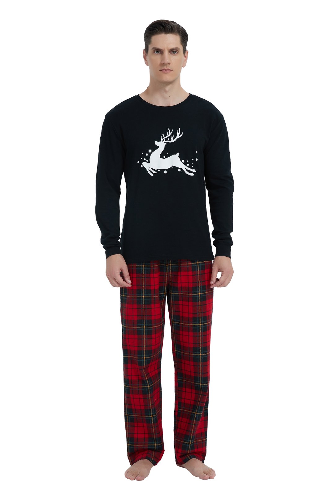 GLOBAL Men's Cotton Knit Top Flannel Pants Sleepwear Matching Pajamas for Couple Pjs for Family, Size S-3XL