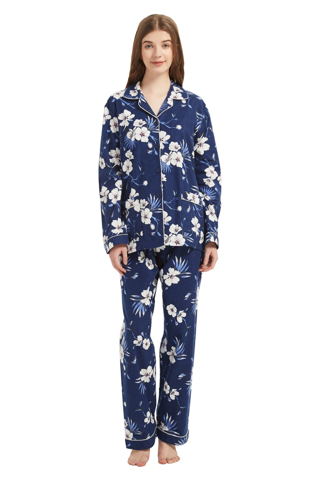 GLOBAL Womens Cotton Flannel Pajama Set - Cozy Winter 2-Piece Loungewear with Button-Down Top & Pants