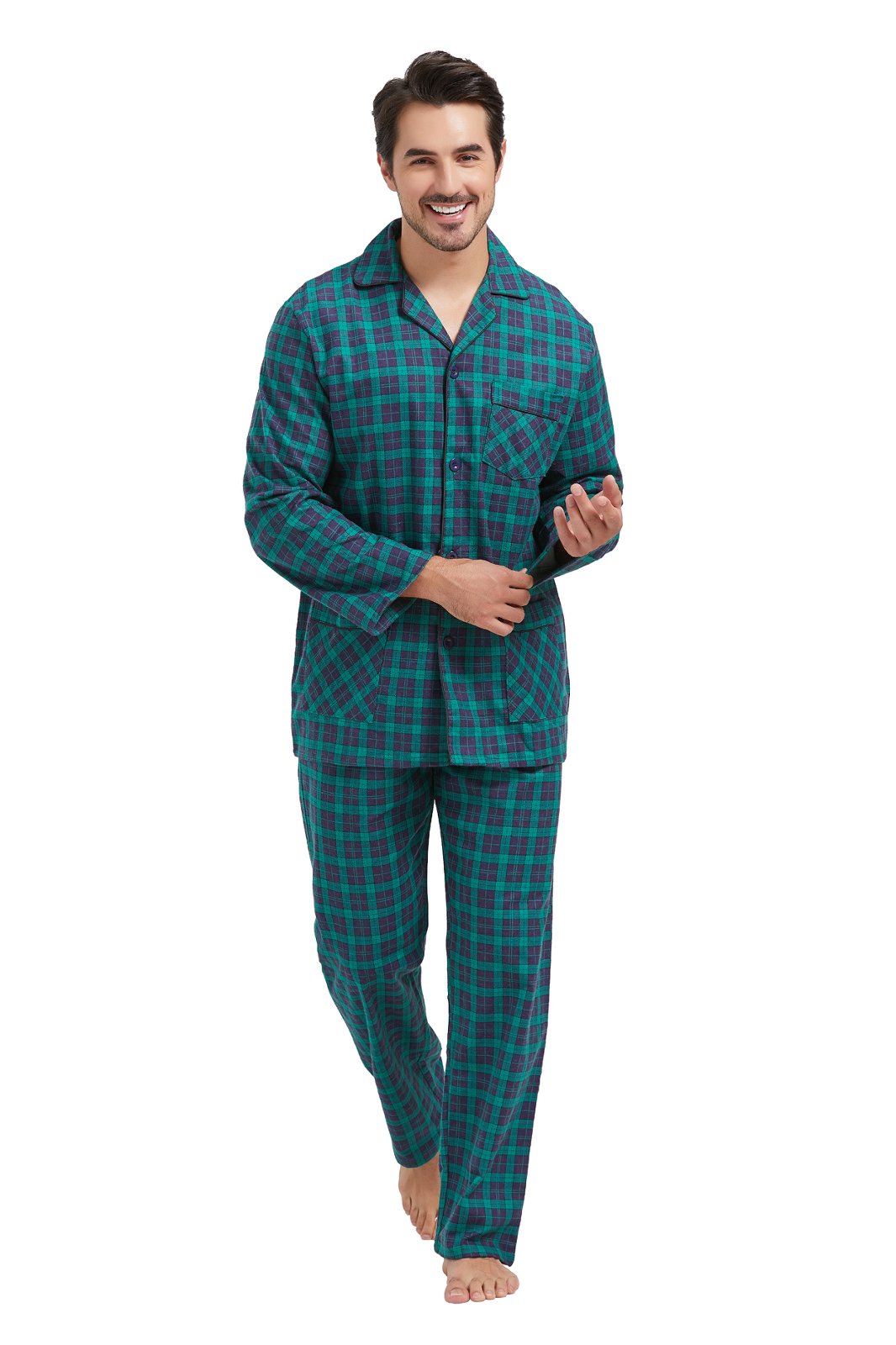 Amaxer Mens Cotton Flannel Pajama Set, Long Sleeve Button‑Down Top & Elastic Waist Long Pants, Breathable Sleep Loungewear, Size 3XL
