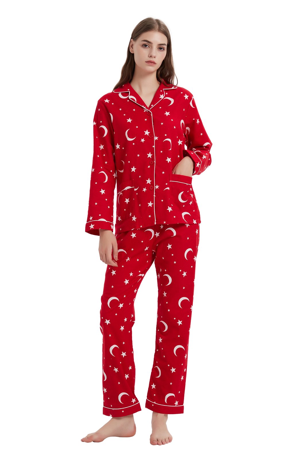 GLOBAL Womens Flannel Cotton Pajama Set Long PJs Flannel Loungewear Sleepwear,Size S-3XL