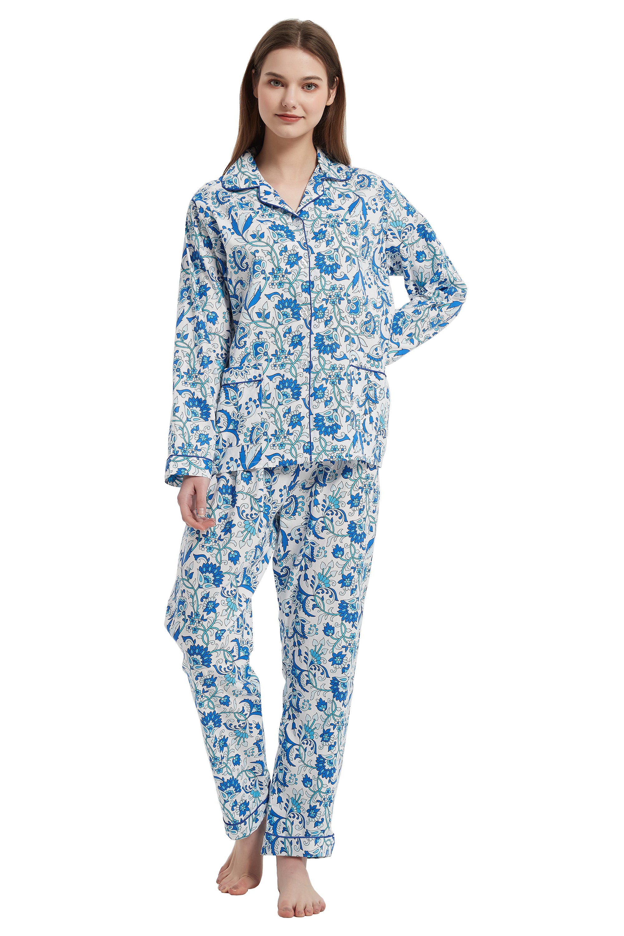 Amaxer Women's Pure Cotton Long Sleeve Notch Collar Pajama Set - Breathable Lightweight Sleepwear , Soft Loungewear for Spring and Summer & Comfort