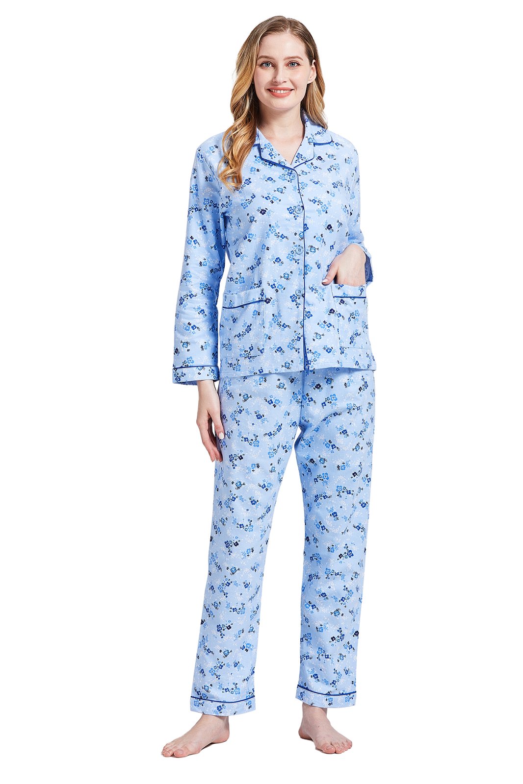 GLOBAL Womens Cotton Flannel Pajama Set - Cozy Winter 2-Piece Loungewear with Button-Down Top & Pants