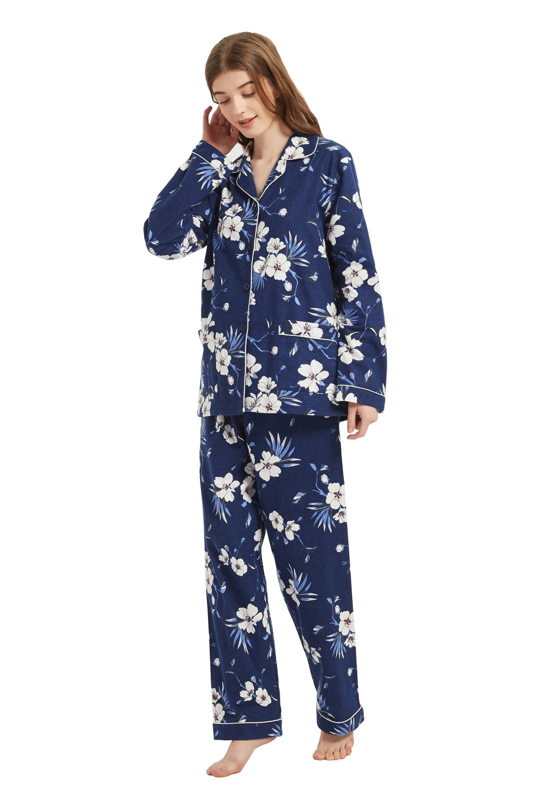 GLOBAL Womens Cotton Flannel Pajama Set - Cozy Winter 2-Piece Loungewear with Button-Down Top & Pants