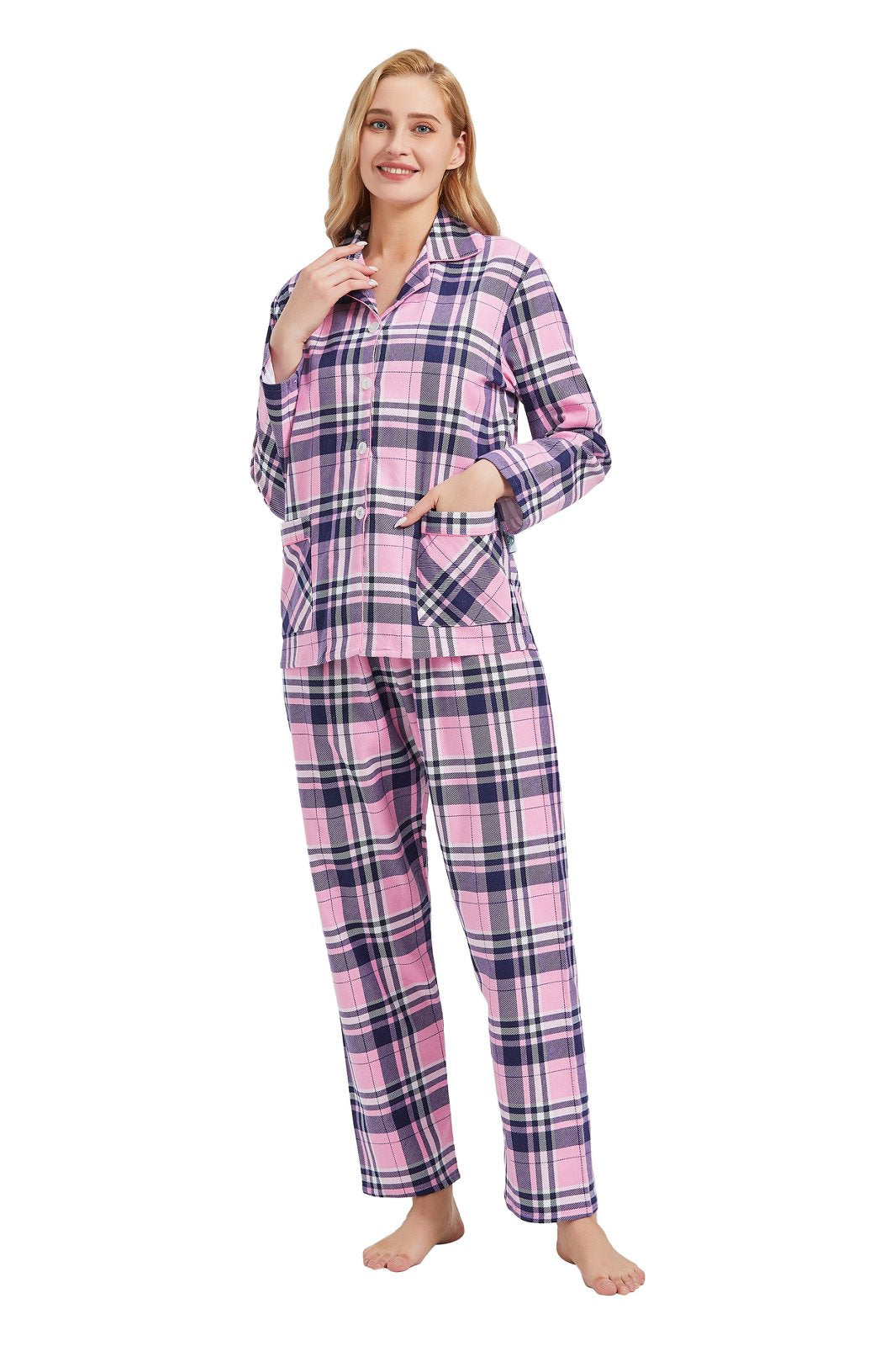 GLOBAL Women’s Flannel Pajama Set 100% Cotton Comfy PJs for Women Long Sleeve Button Front 2-Piece Warm and Cozy Sleepwear