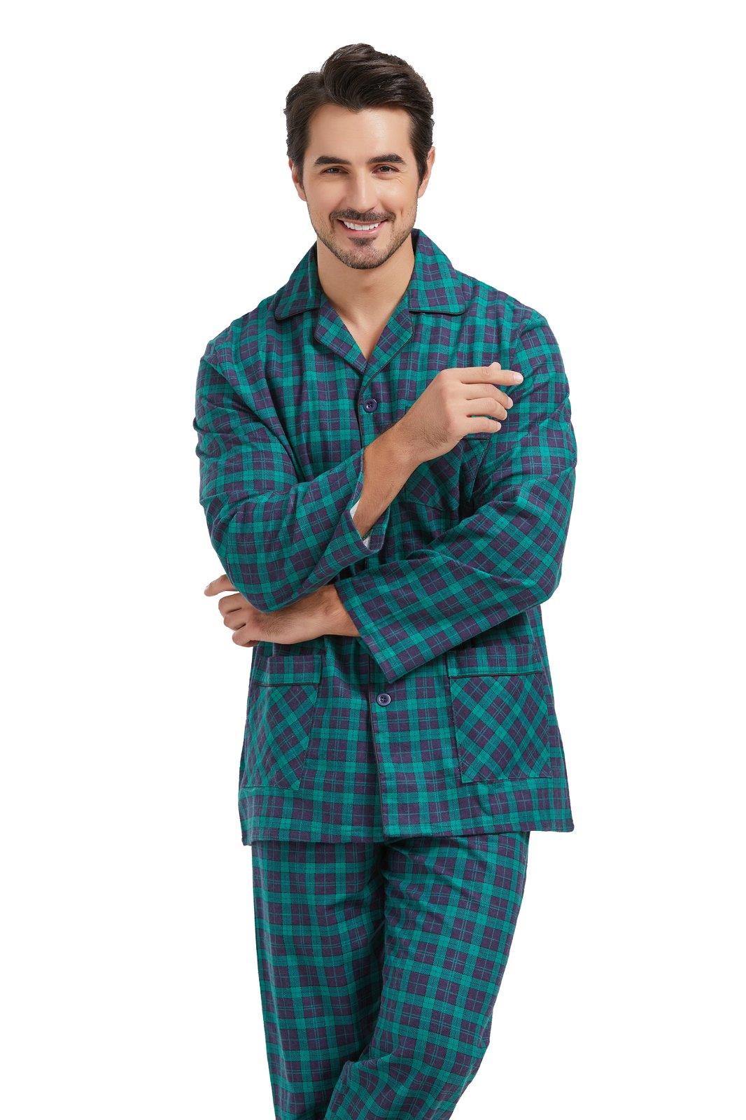 Amaxer Mens Cotton Flannel Pajama Set, Long Sleeve Button‑Down Top & Elastic Waist Long Pants, Breathable Sleep Loungewear, Size 3XL