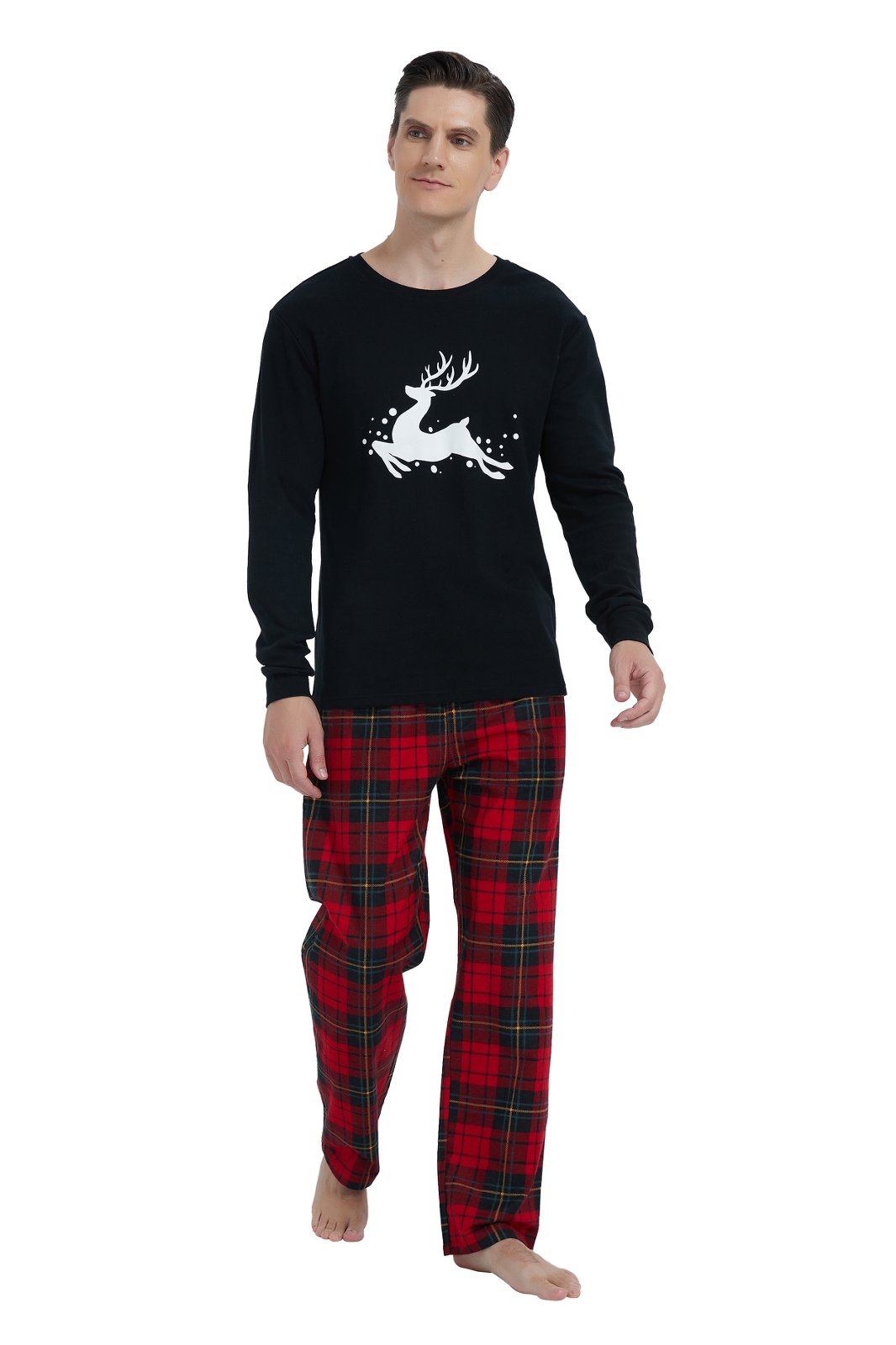 GLOBAL Men's Cotton Knit Top Flannel Pants Sleepwear Matching Pajamas for Couple Pjs for Family, Size S-3XL