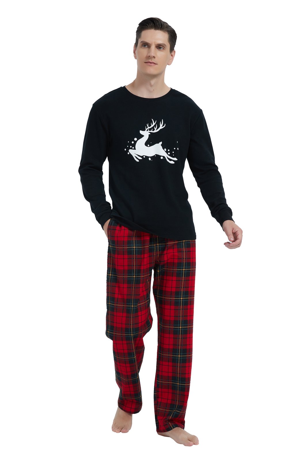 GLOBAL Men's Cotton Knit Top Flannel Pants Sleepwear Matching Pajamas for Couple Pjs for Family, Size S-3XL