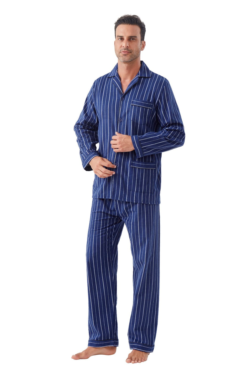 GLOBAL Men's Cotton Flannel Pajama Set, Long Sleeve Button‑Down Top & Long Pants Sleepwear, Soft Warm Loungewear, S-3XL