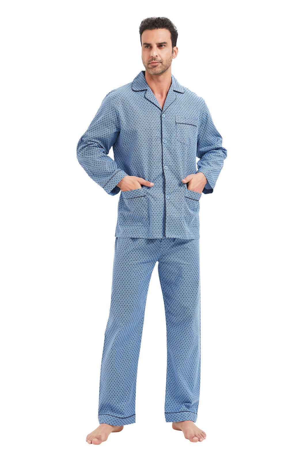 GLOBAL Men's Cotton Flannel Pajama Set, Long Sleeve Button‑Down Top & Long Pants Sleepwear, Soft Warm Loungewear, S-3XL