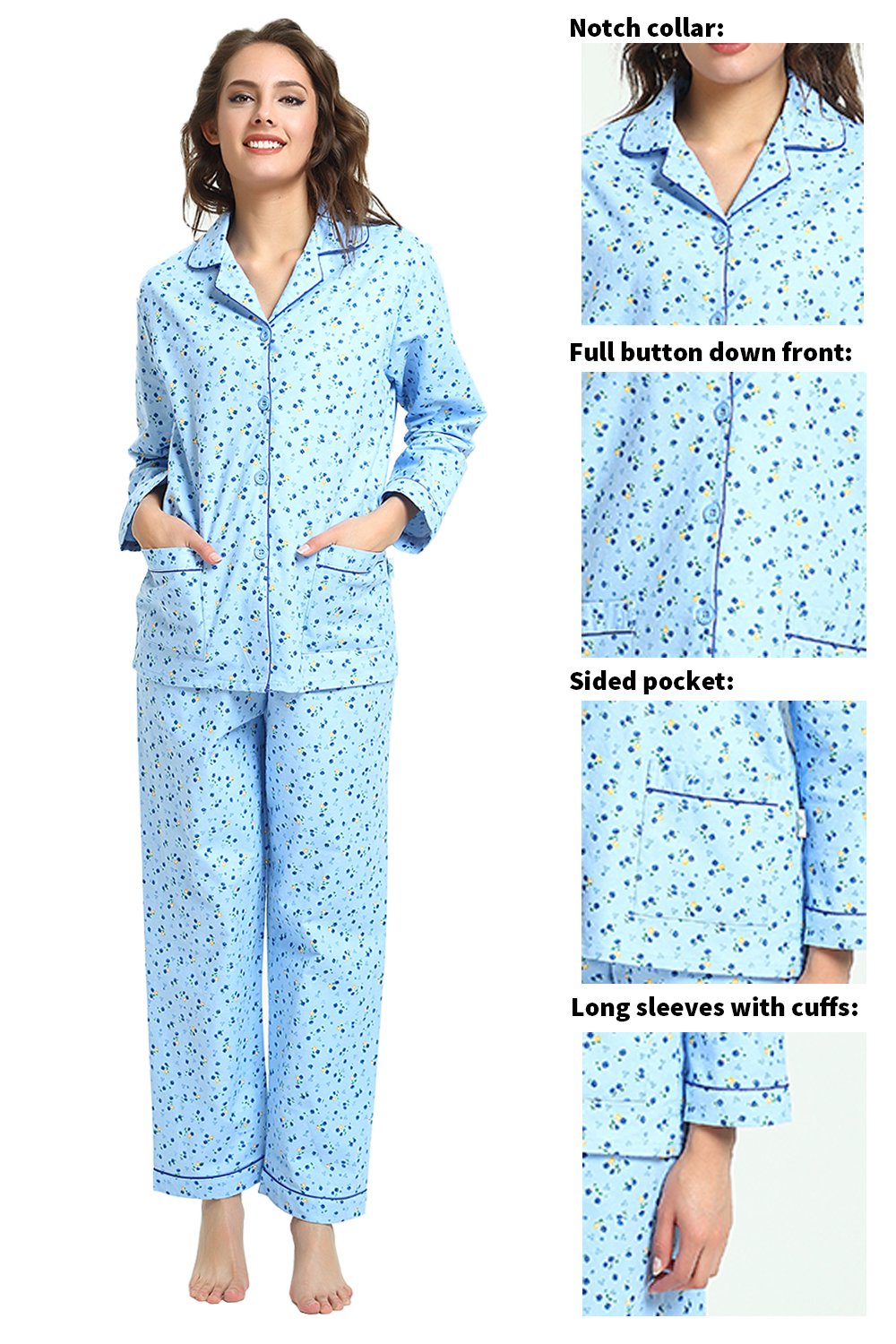 GLOBAL Women's 100% Cotton Flannel Pajama Set - Cozy Winter 2-Piece Loungewear with Button-Down Top & Pants