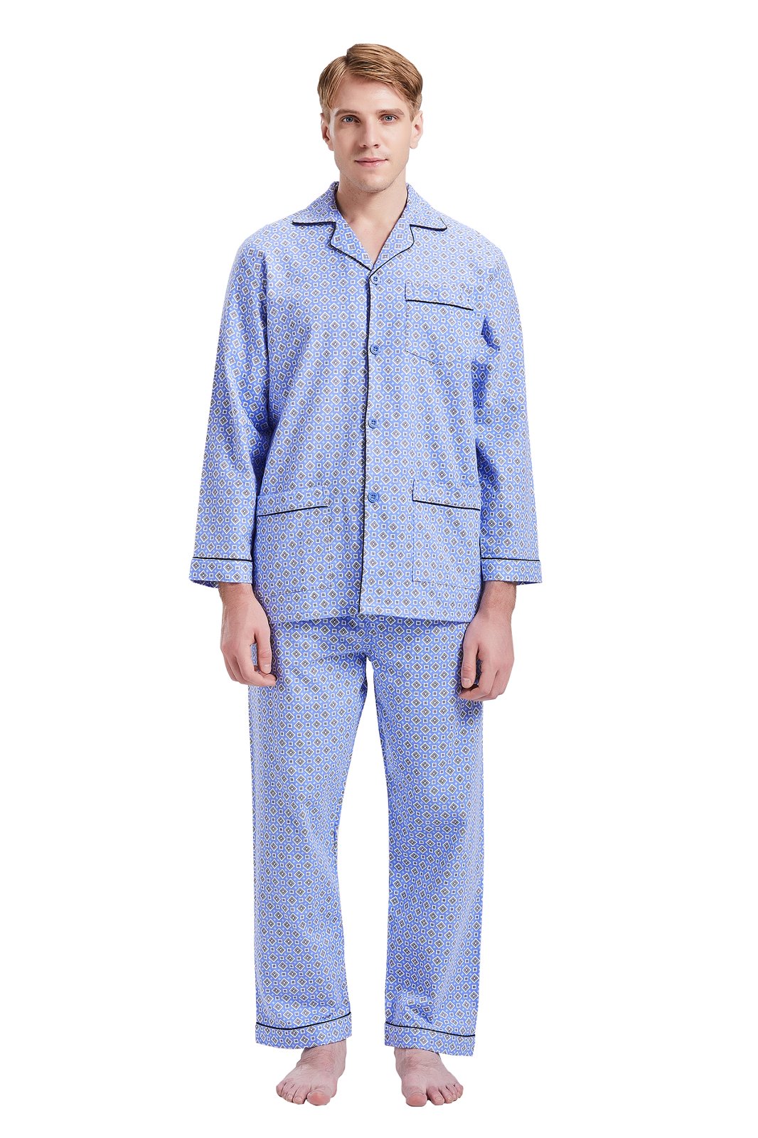 GLOBAL Men's Pajamas Sets 100% Cotton Flannel Sleepwear Long-Sleeve Top & Bottom