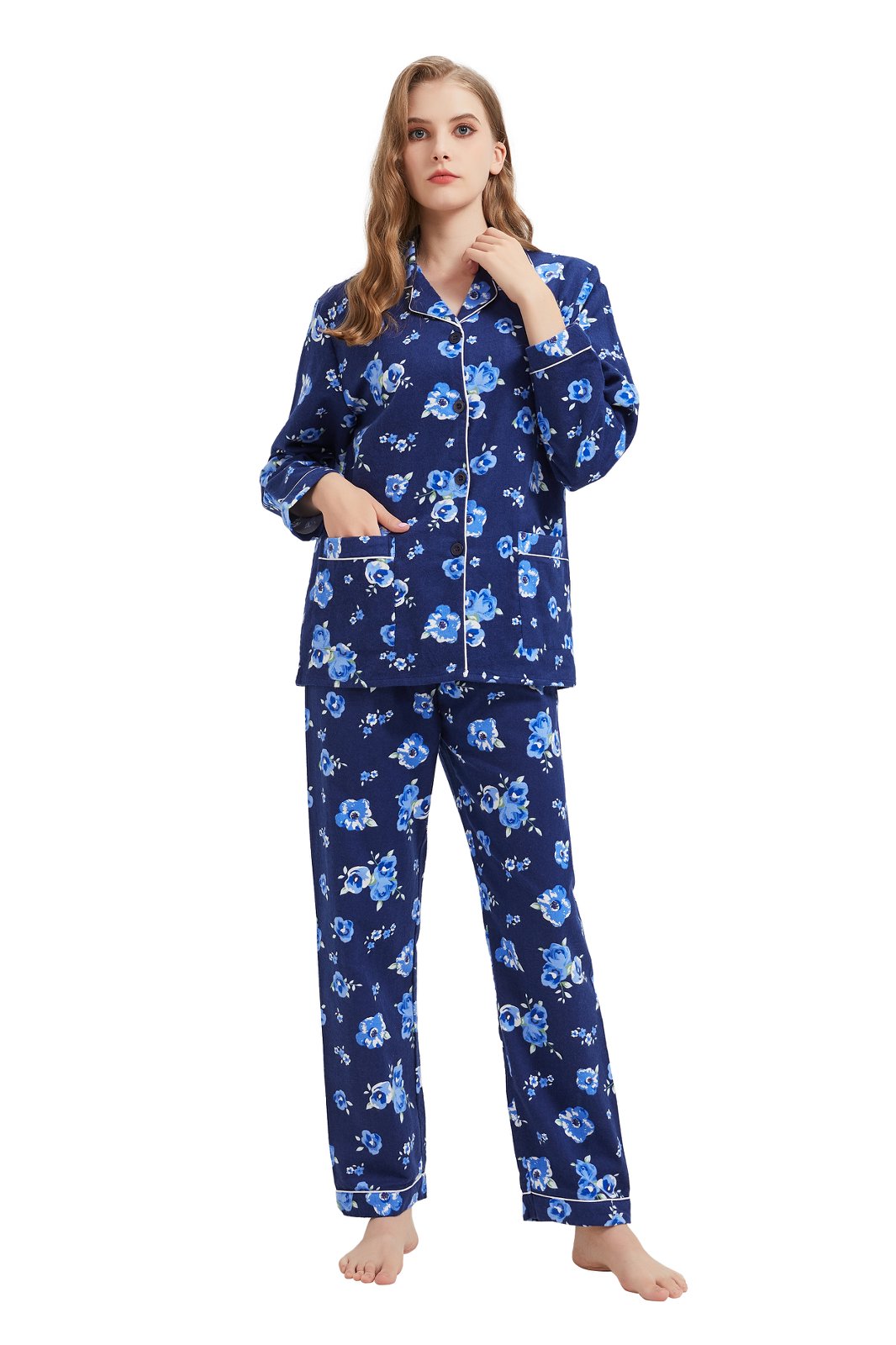 GLOBAL Womens Flannel Cotton Pajama Set Long PJs Flannel Loungewear Sleepwear,Size S-3XL
