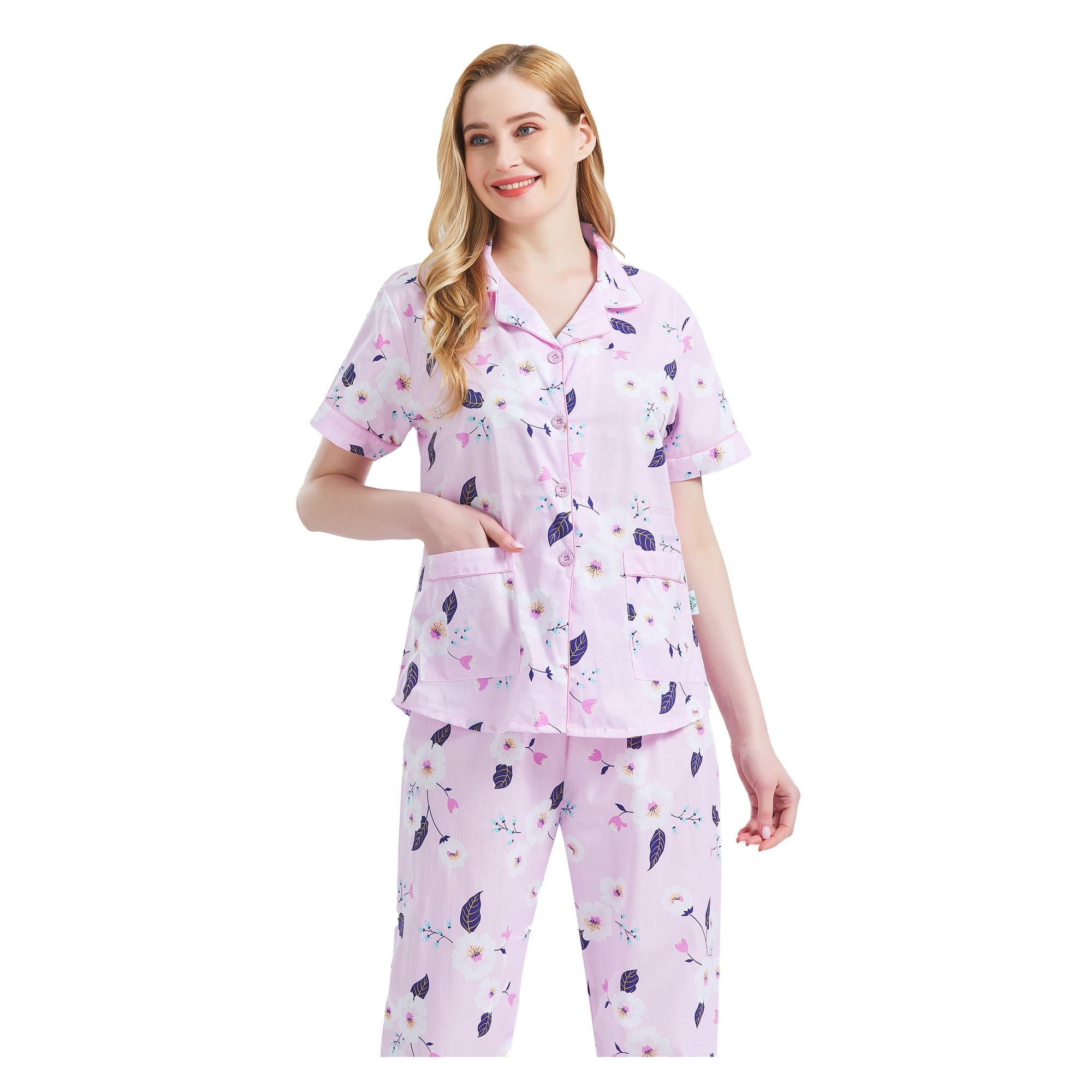 GLOBAL Women 100% Cotton Button Down Short Sleeve Top & Long Pants Summer Pajama Set with Pockets, 2-Piece, Sizes S to 3XL