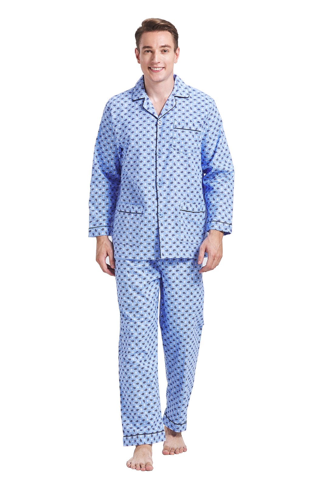 Amaxer Mens Cotton Flannel Pajama Set, Long Sleeve Button‑Down Top & Elastic Waist Long Pants, Breathable Sleep Loungewear, Size S
