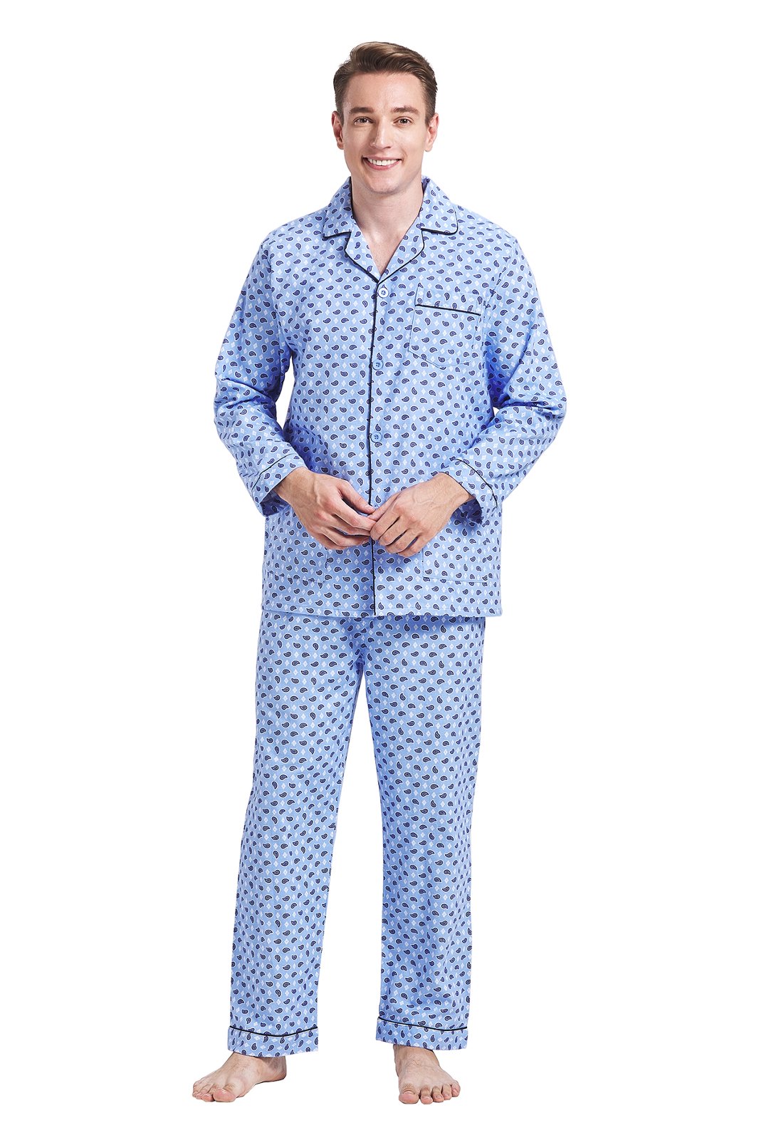 Amaxer Mens Cotton Flannel Pajama Set, Long Sleeve Button‑Down Top & Elastic Waist Long Pants, Breathable Sleep Loungewear, Size S