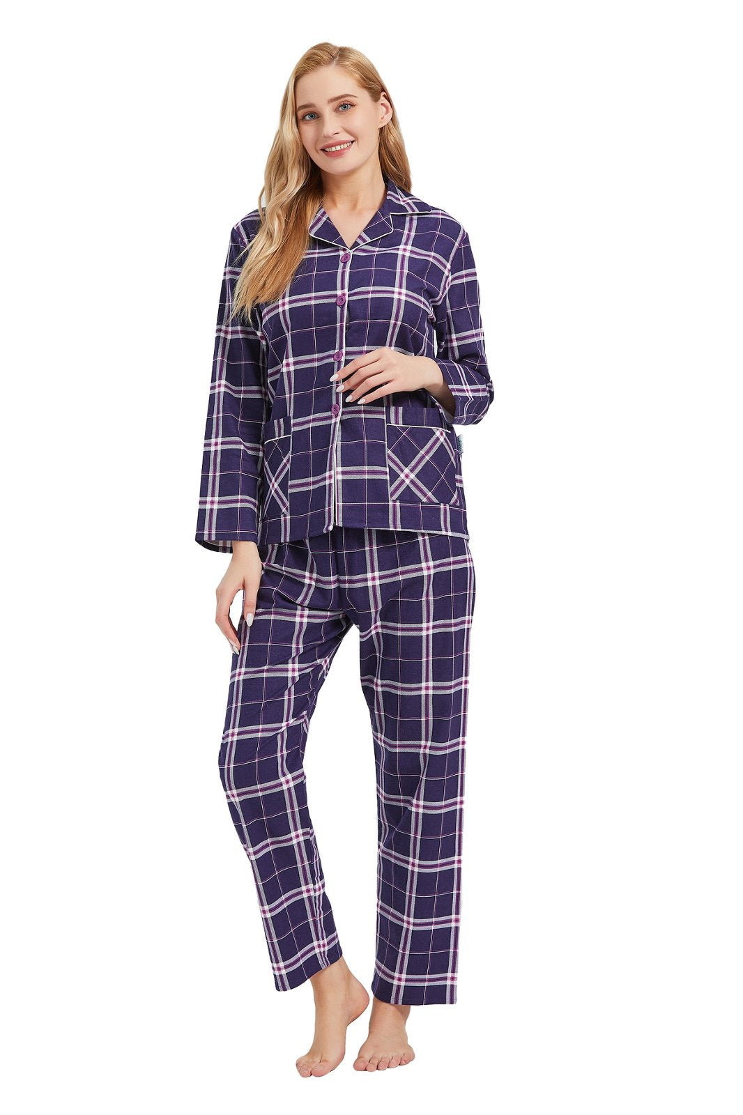 GLOBAL Womens Cotton Flannel Pajama Set - Cozy Winter 2-Piece Loungewear with Button-Down Top & Pants