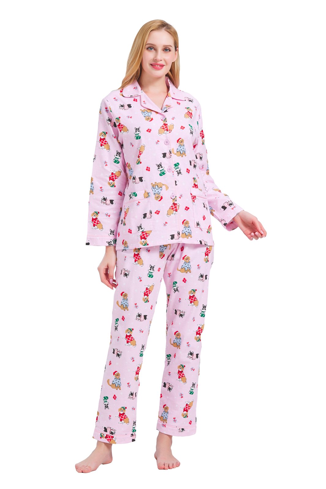 GLOBAL Womens Flannel Cotton Pajama Set Long PJs Cozy Winter Flannel Loungewear Sleepwear,Size S-3XL