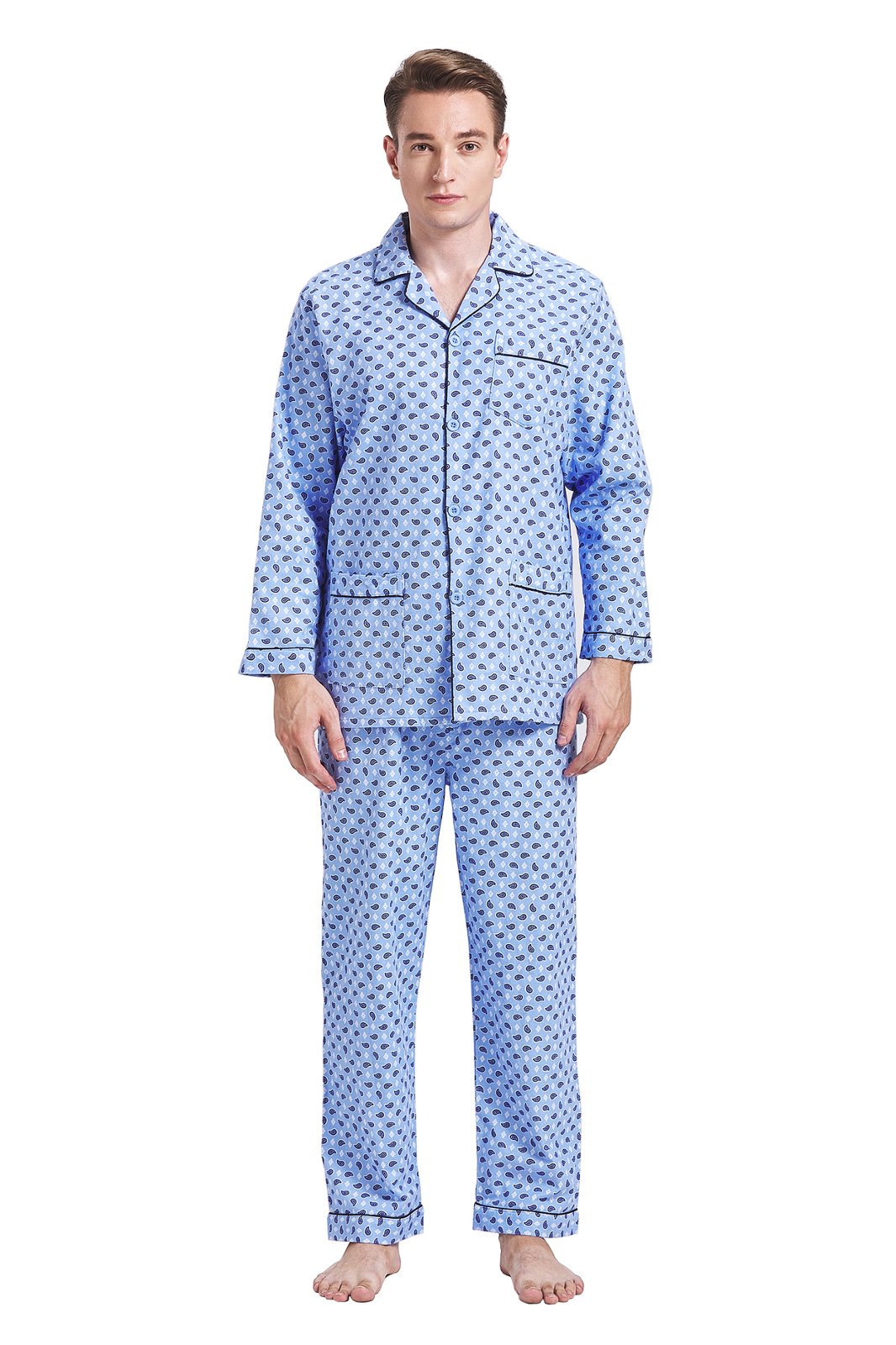 Amaxer Mens Cotton Flannel Pajama Set, Long Sleeve Button‑Down Top & Elastic Waist Long Pants, Breathable Sleep Loungewear, Size S