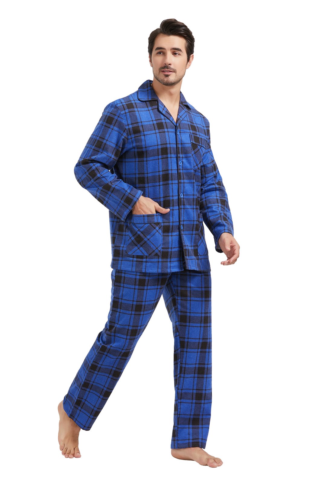 Amaxer Mens Cotton Flannel Pajama Set, Long Sleeve Button‑Down Top & Elastic Waist Long Pants, Breathable Sleep Loungewear, Size XXL