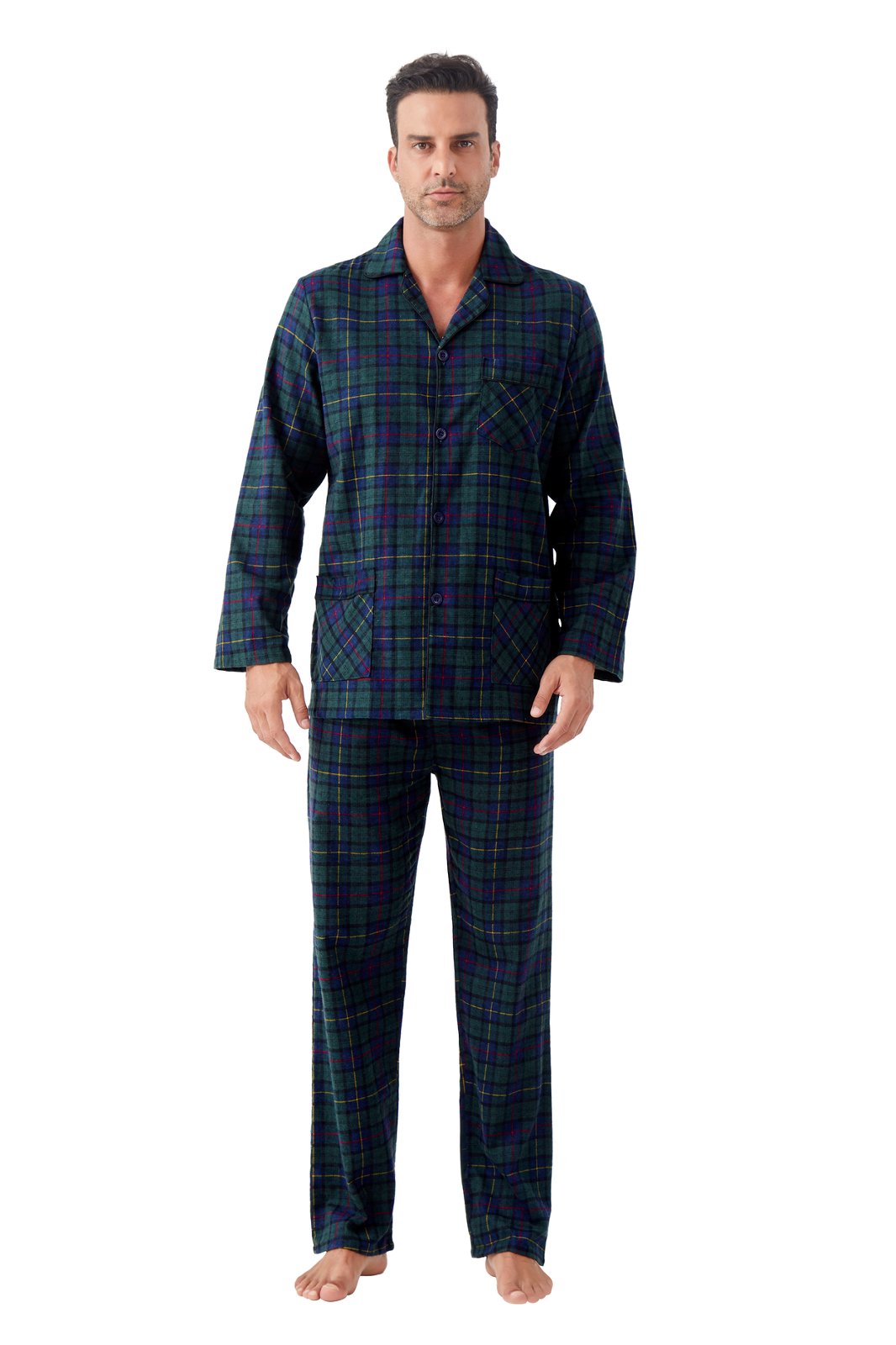 GLOBAL Men's Cotton Flannel Pajama Set, Long Sleeve Button‑Down Top & Long Pants Sleepwear, Soft Warm Loungewear, S-3XL