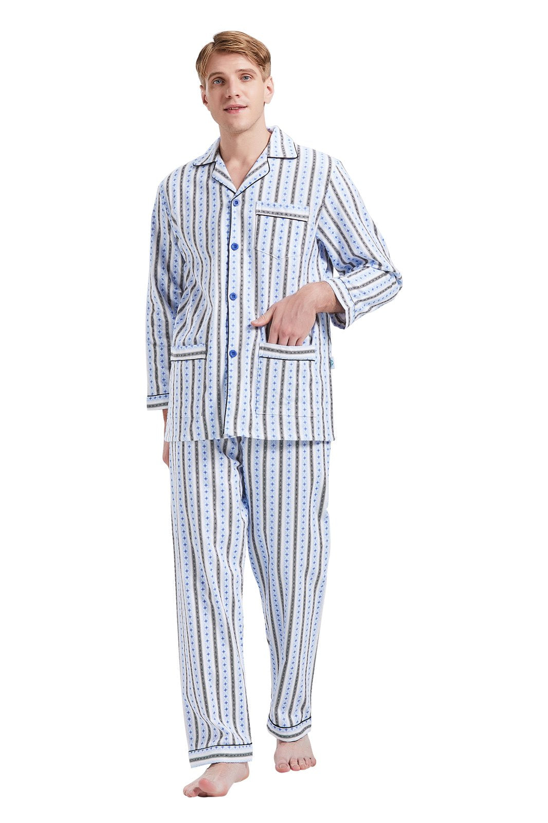 GLOBAL Men's Pajamas Sets 100% Cotton Flannel Sleepwear Long-Sleeve Top & Bottom