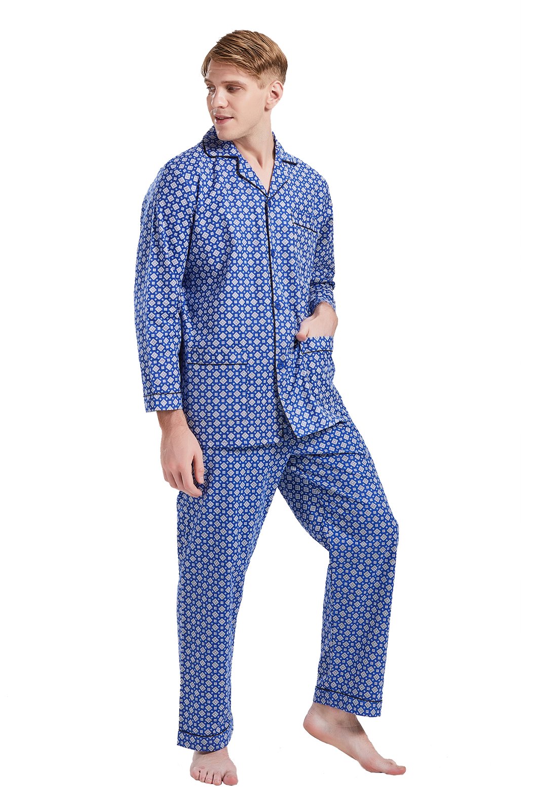 GLOBAL Men's Pajamas Sets 100% Cotton Flannel Sleepwear Long-Sleeve Top & Bottom