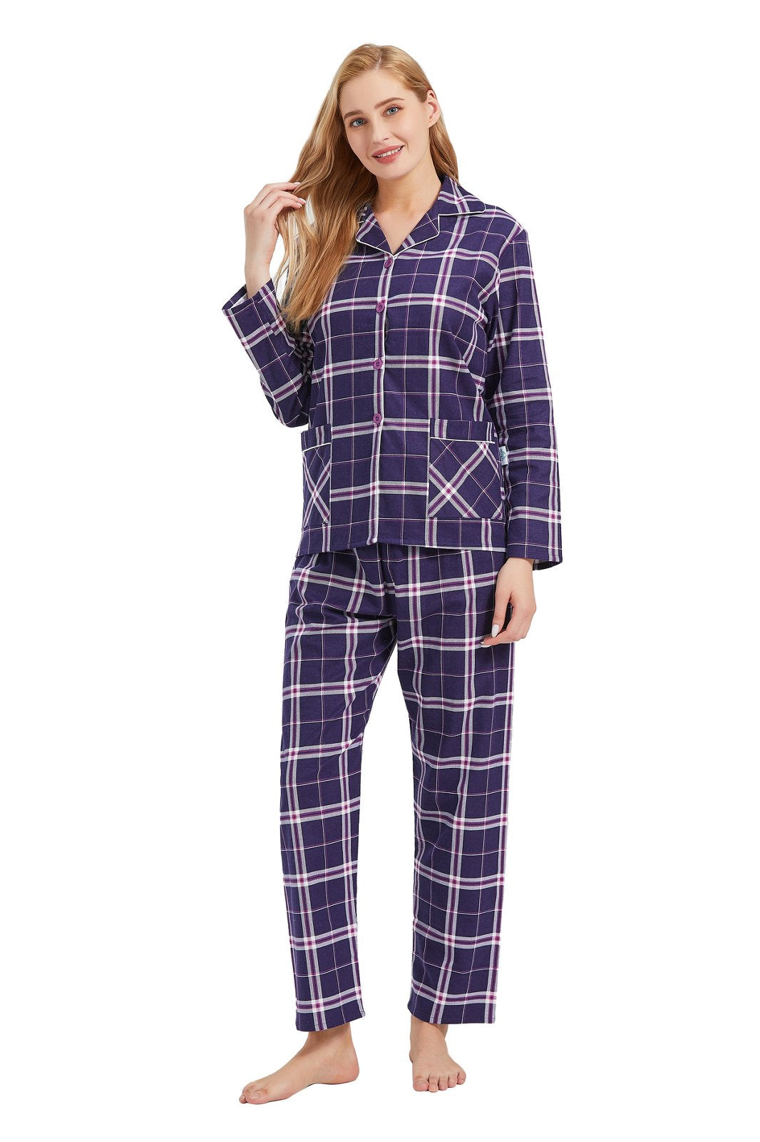 GLOBAL Womens Cotton Flannel Pajama Set - Cozy Winter 2-Piece Loungewear with Button-Down Top & Pants