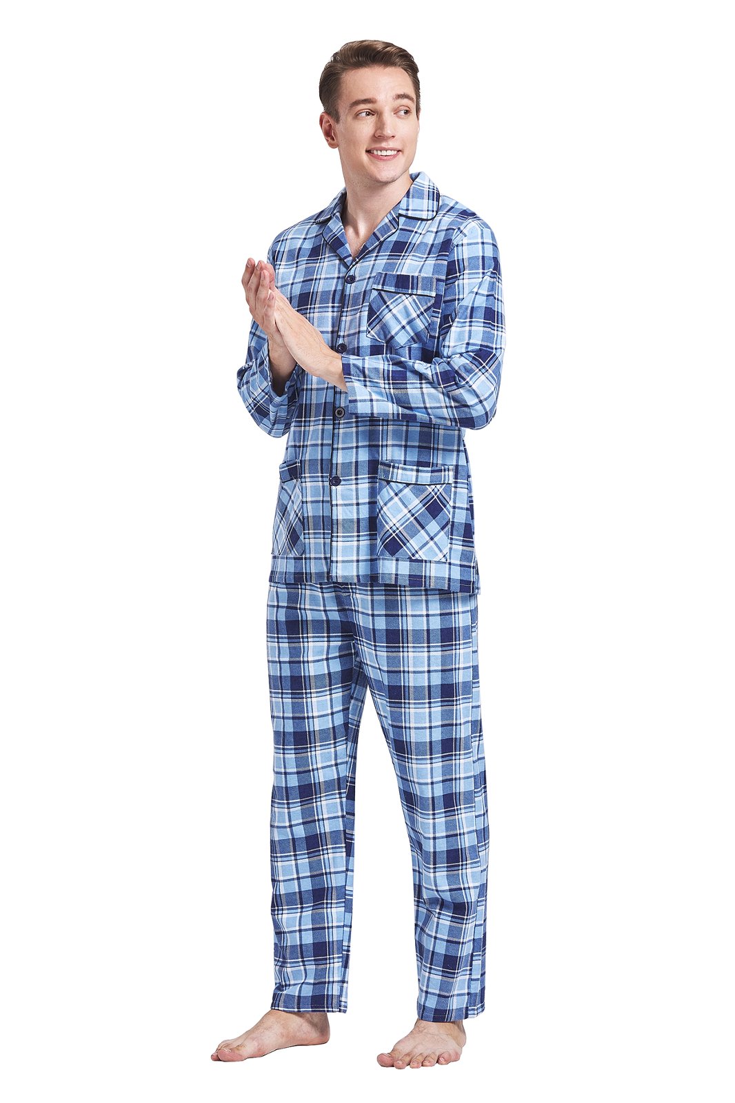 Amaxer Mens Cotton Flannel Pajama Set, Long Sleeve Button‑Down Top & Elastic Waist Long Pants, Breathable Sleep Loungewear, Size L