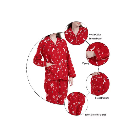 GLOBAL Womens Flannel Cotton Pajama Set Long PJs Cozy Winter Flannel Loungewear Sleepwear